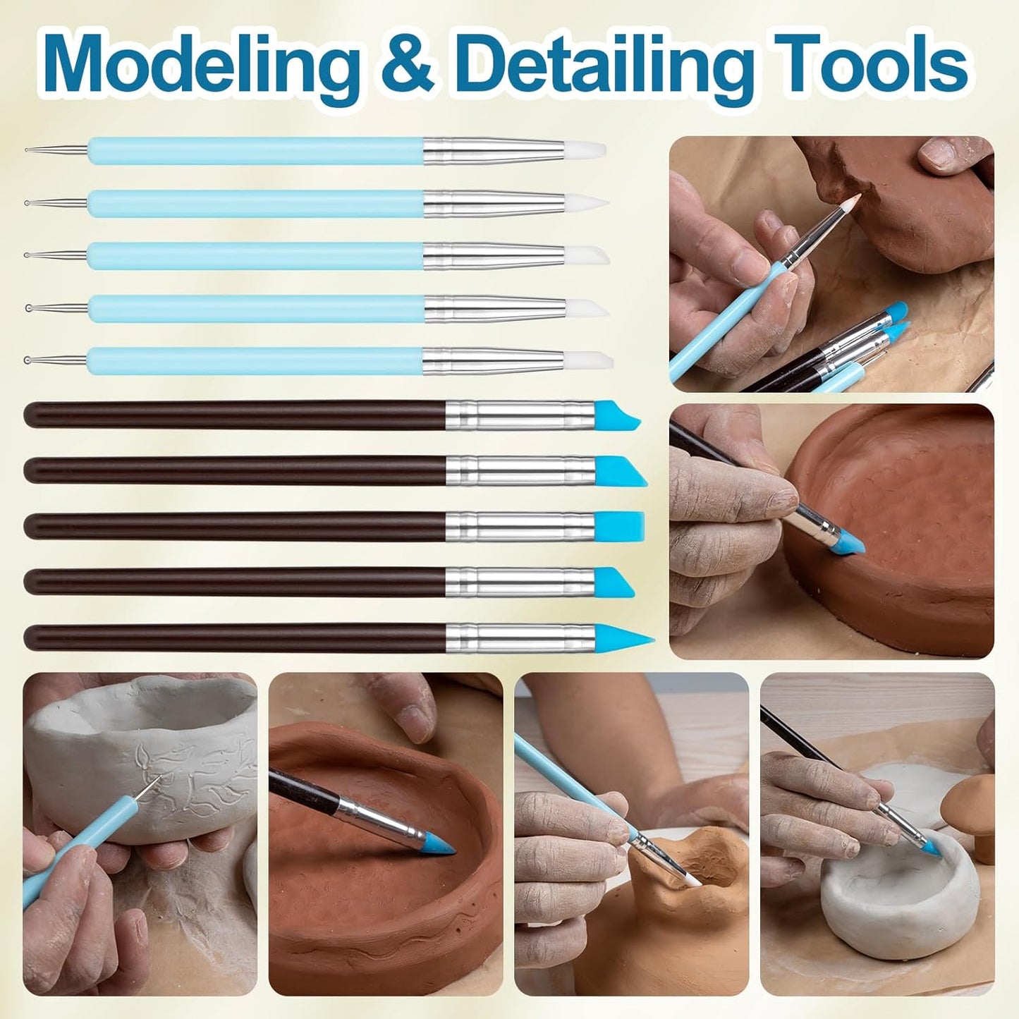 Amrules 10Pcs Clay Sculpting Tools, Practical Dual-End Rubber Pens and Dotting Tools Kit for Adults, Rock Painting, Nail Art, Carving, Drawing, Art Modeling, Shaping, Pottery Craft, Silicone Brushes