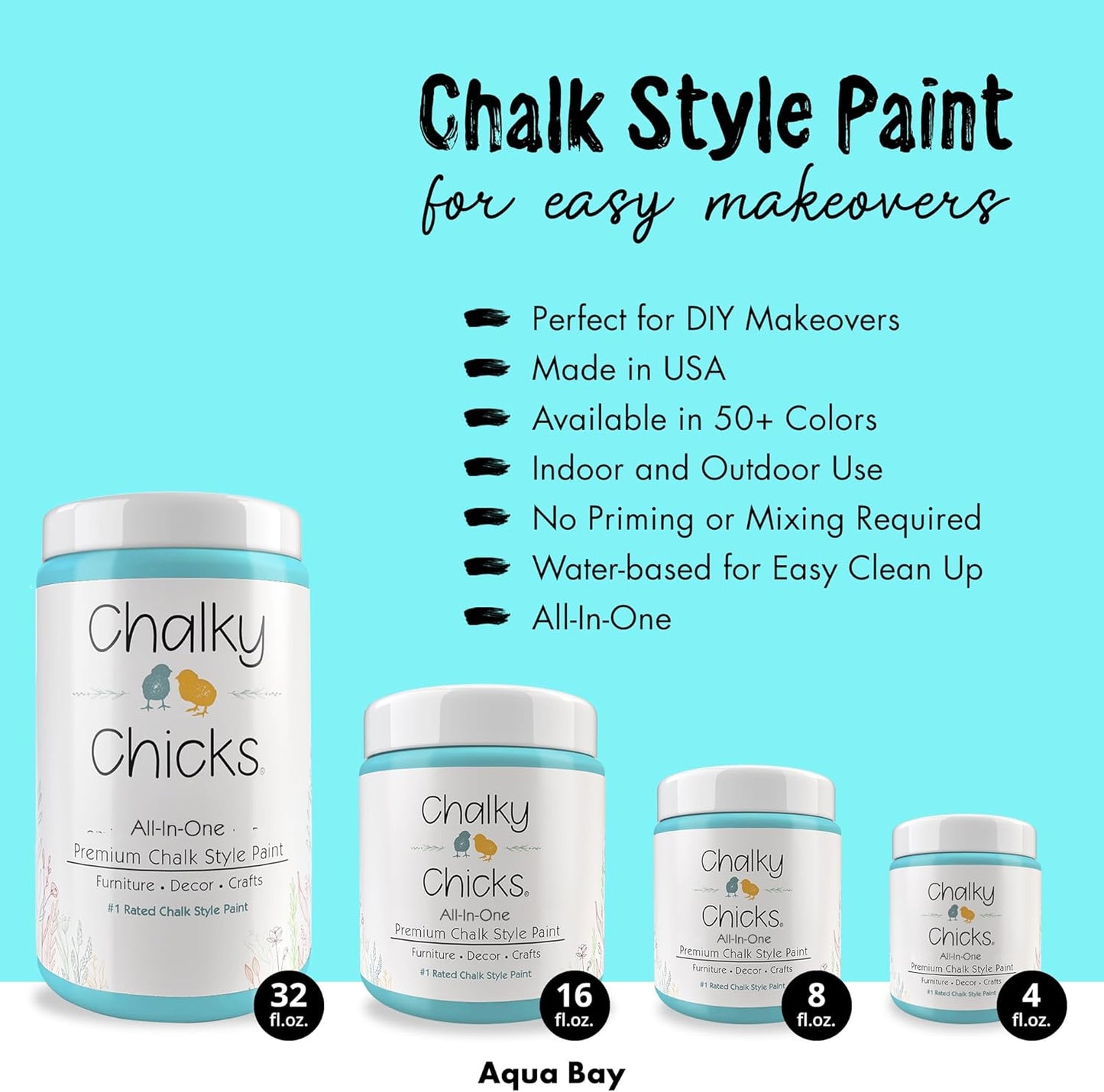 Chalky Chicks All-in-One Chalk Paint for Furniture or Cabinet - 8 Fl Oz - Matte Finish Aqua Bay (Aqua Blue) for Metal, Wood Furniture Paint - No Sanding All-in-One for Home Decor & Crafts, USA Made