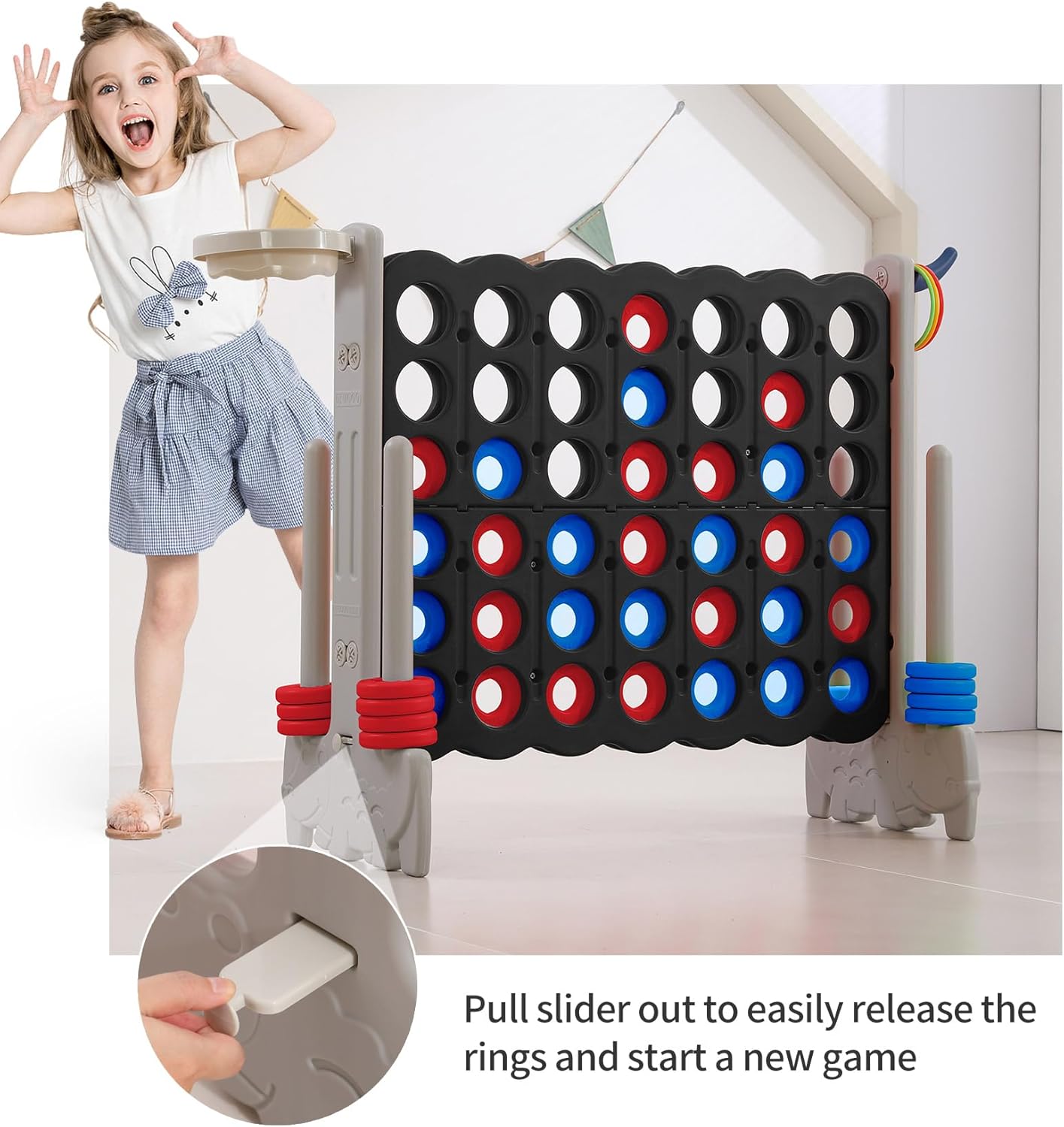 UNICOO Giant 4-in-A-Row with Carry Bag, Ring Toss, Basketball Hoop - Large Outdoor Game for Family Fun - Big Jumbo Game Set for Backyard Parties, BBQs, and Gatherings (Black & Grey)