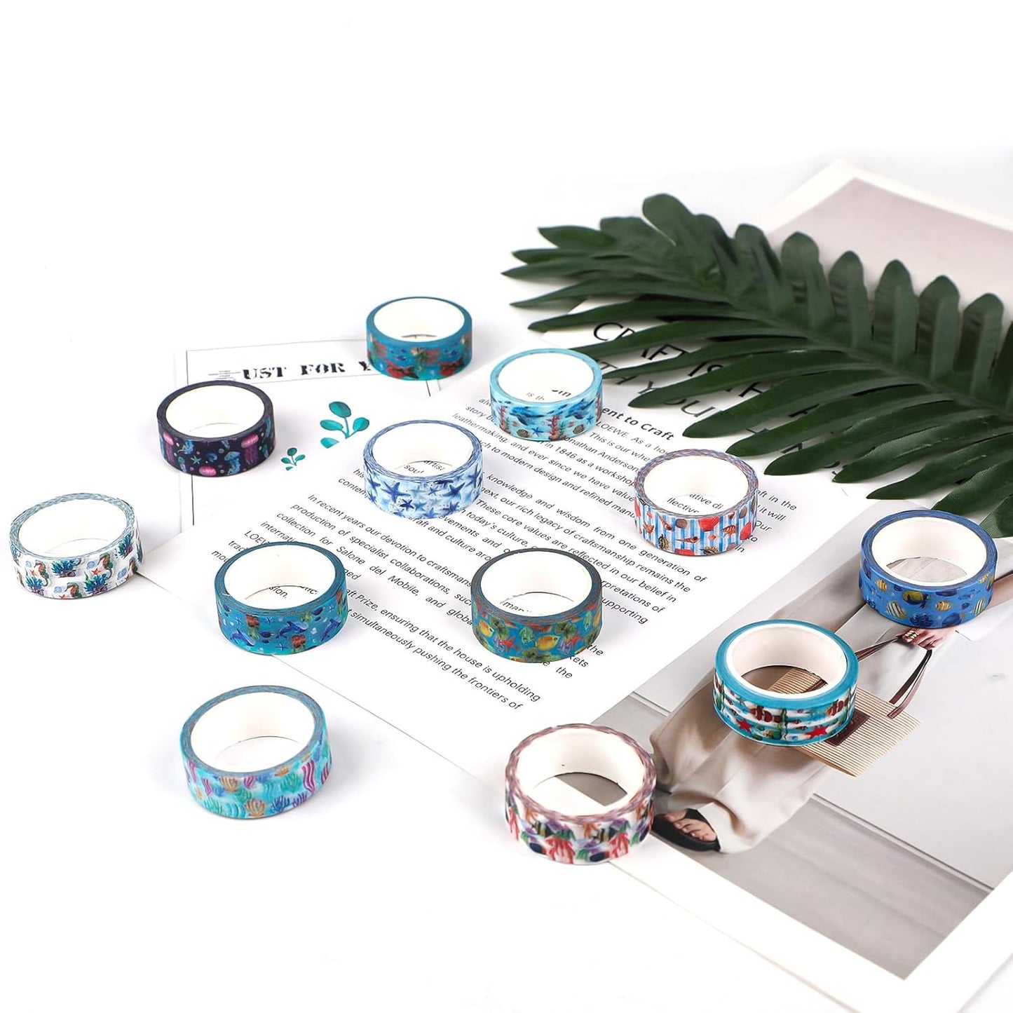 12 Rolls Blue Ocean Washi Tape, Underwater World Masking Tapes, Sea Animal Cartoon Decorative Tape for Arts, DIY Crafts, Journals, Planners, Scrapbook, Wrapping 16.4FT