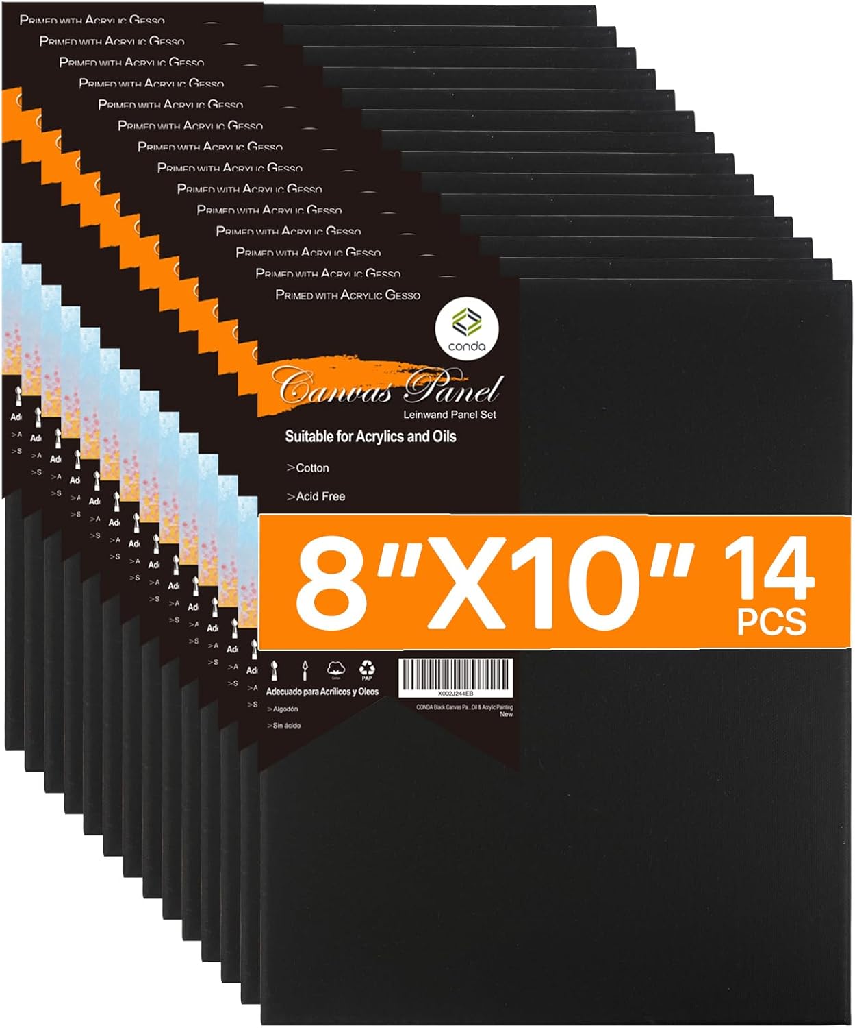 CONDA Black Canvases for Painting, Canvas Panels 8x10 inch, Pack of 14, 100% Cotton Acid-Free, 8 oz Gesso-Primed, Art Boards for Oil & Acrylic Painting