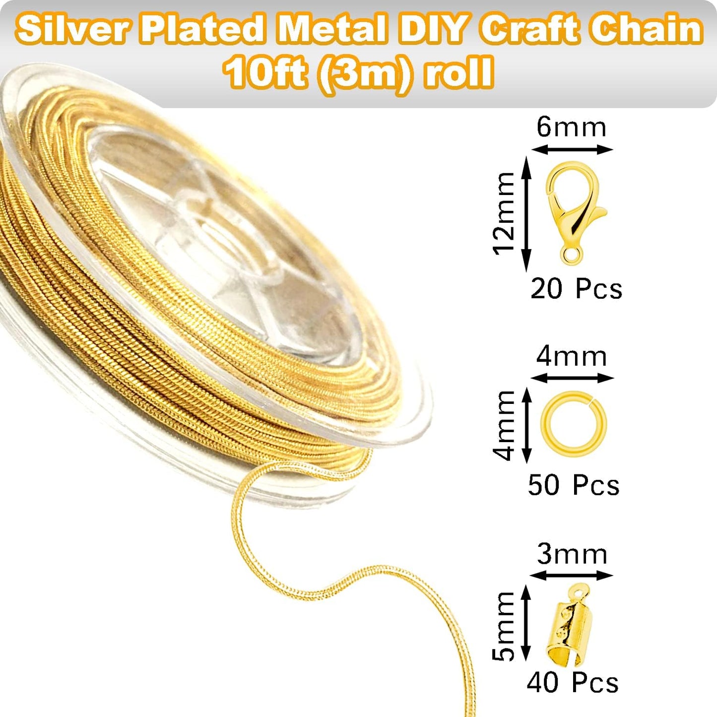 Jishi 33ft Gold Snake Chain 1.2mm Jewelry Making Chains for Necklace Bracelet DIY Jewelry Supplies Findings - Gold Plated Round Snake Cable Chain Link Roll w/Lobster Clasps, Cord Ends & Jump Rings