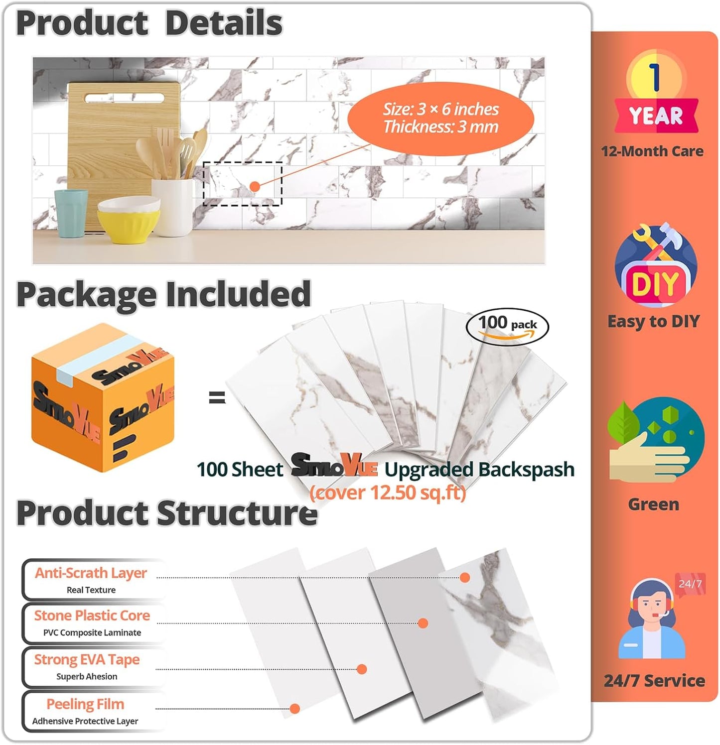 100 Pieces Peel and Stick Backsplash for Kitchen, 3" x 6" PVC Subway Tile 2026 Upgraded White Marble with Gold Accent Backsplash Stick on Tile Elevate Kitchen Fireplace RV