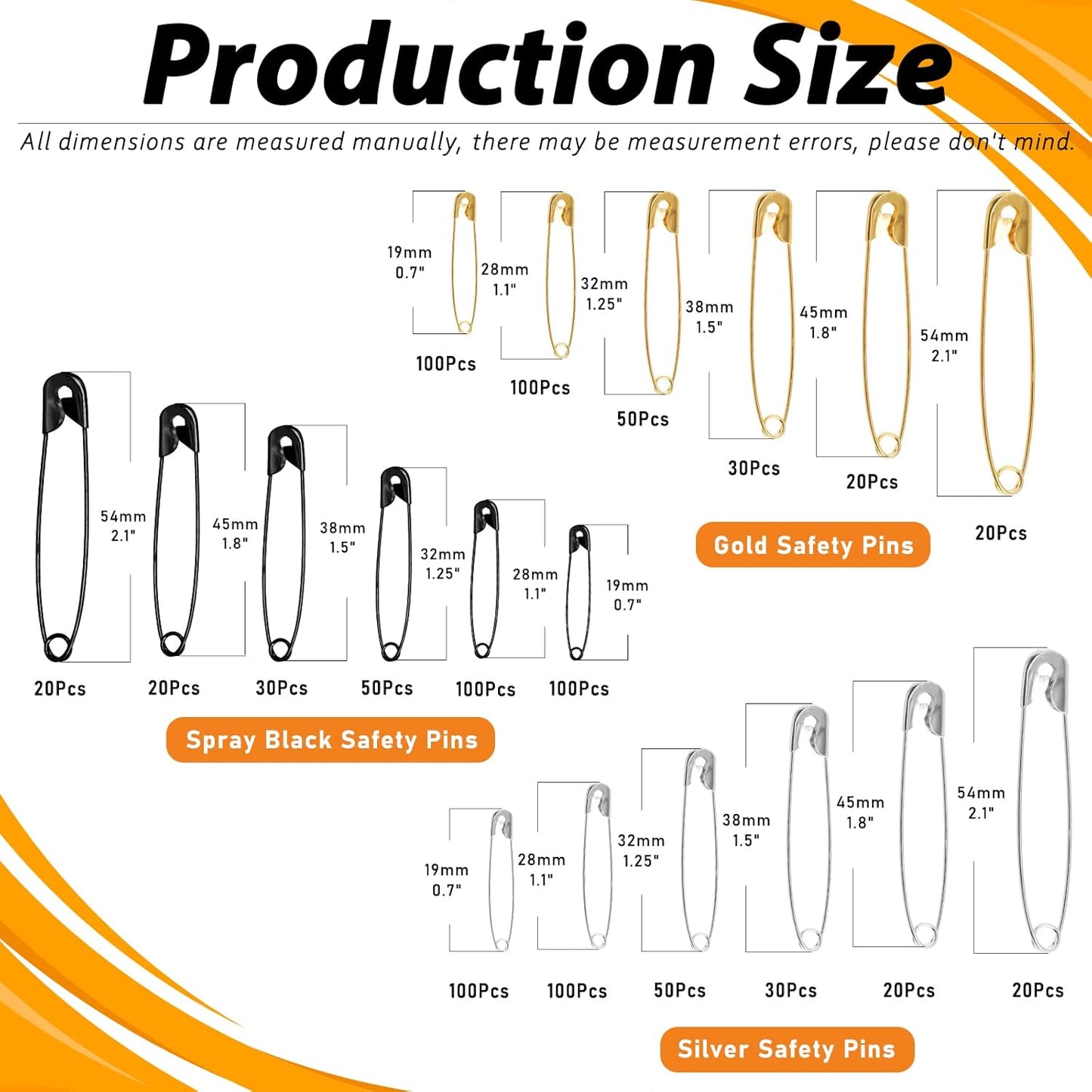 960Pcs Safety Pins Assorted 6 Sizes Variety Pack Large and Small Metal Safety Pin Gold Silver Black for Clothing Art Crafts Sewing Quilting Jewelry Making