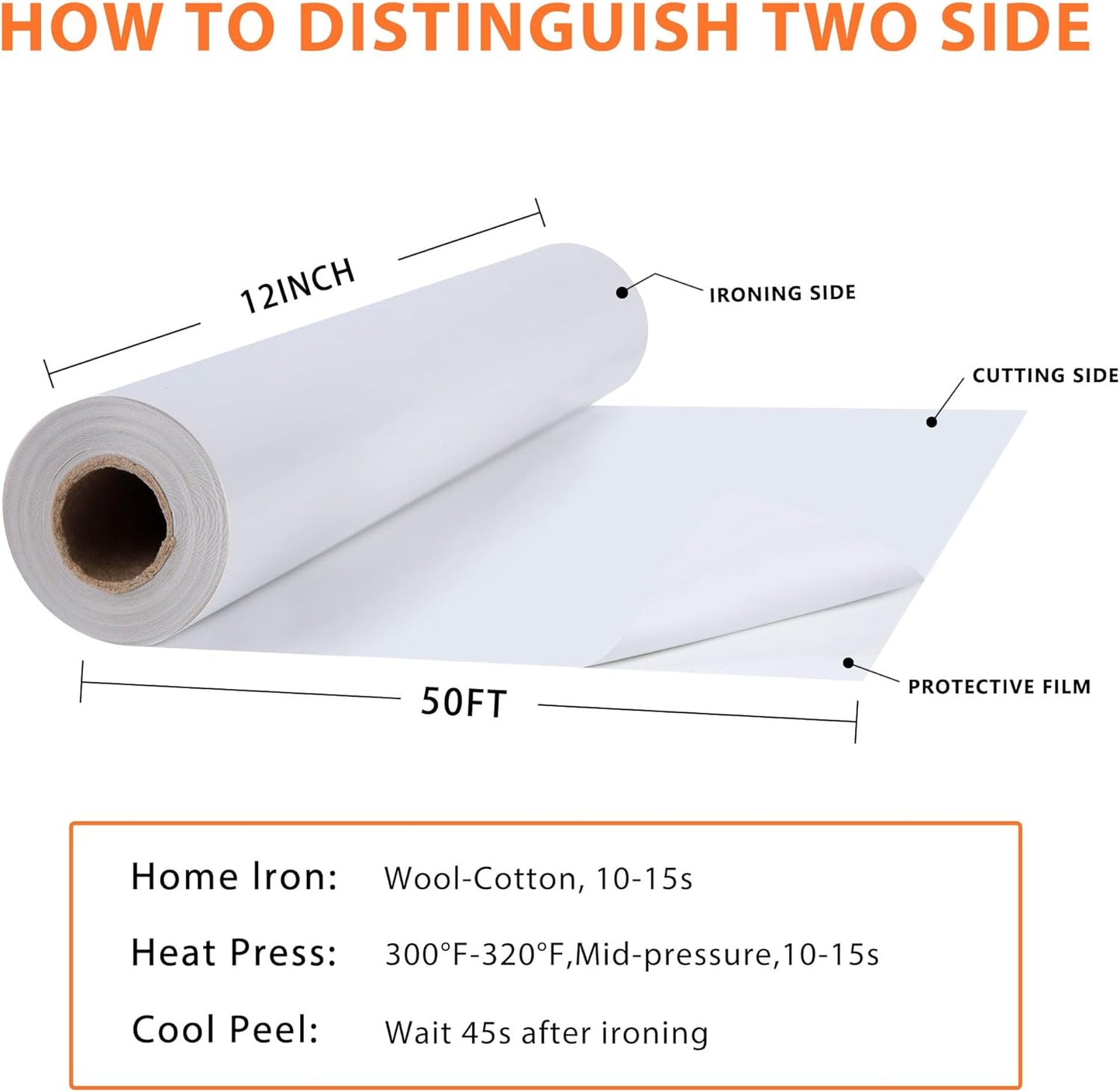 RENLITONG White Iron on Vinyl 12Inch by 50ft Roll HTV Heat Transfer Vinyl for T-Shirt HTV Rolls for All Cutter Machine - Easy to Cut & Weed for Heat Transfer Design