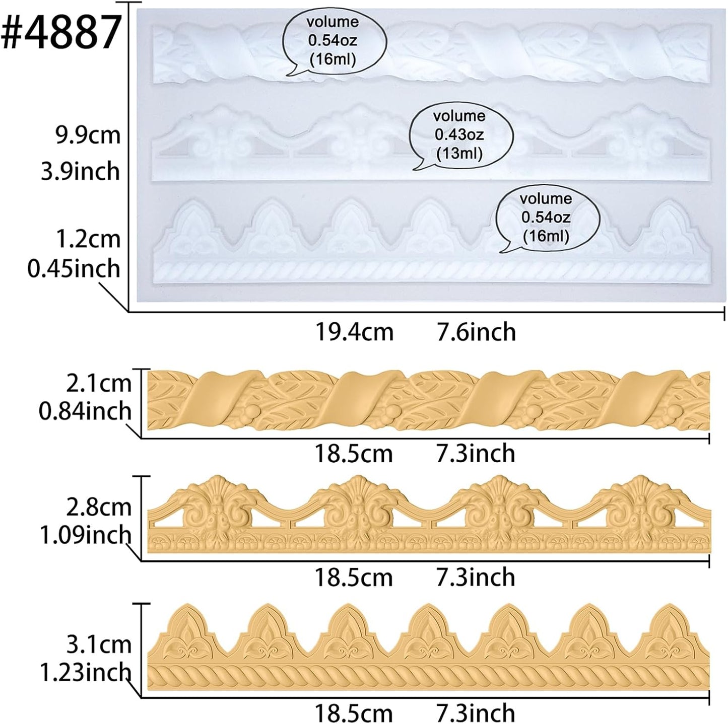 Art Molds for Polyclay Air Dry Clay Plaster Epoxy Resin Fondant Cake Decor 3 Border Trimmings