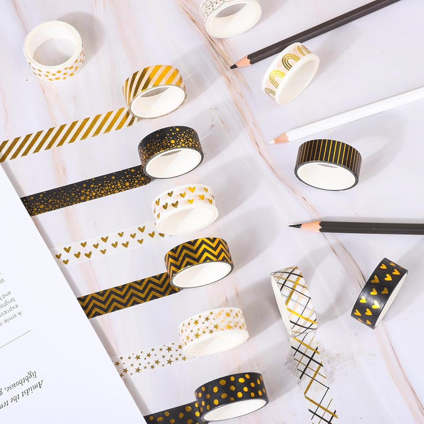 Whaline 12 Rolls Gold Foil Pattern Washi Tape Heart Dot Stripe Rainbow Masking Tape Set Decorative Wrapping Paper Tapes for Scrapbook Journal DIY Art Crafts