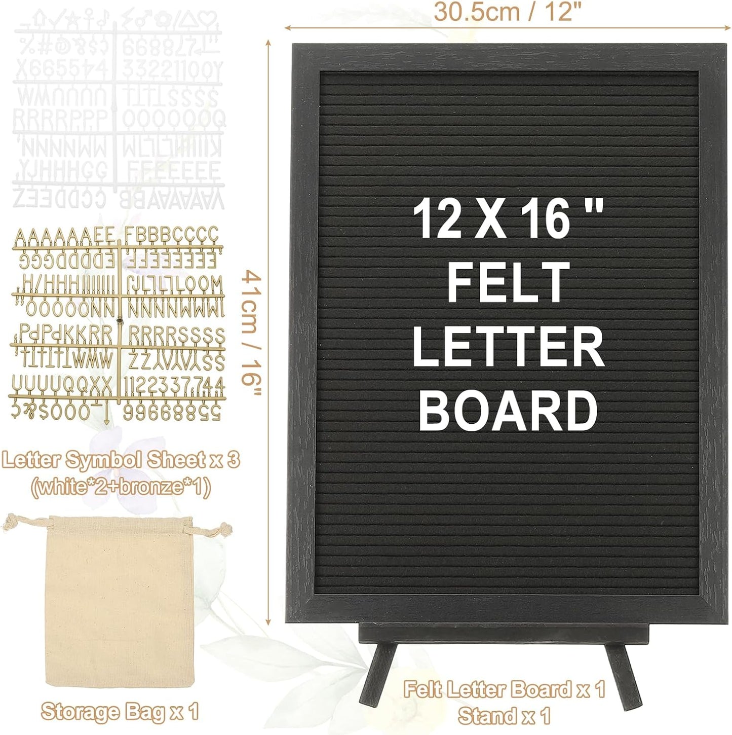 PATIKIL Felt Letter Board, 12x16Inches Black Wooden Changeable Message Board with Storage Bag Stand for Kitchen Menu Classroom Farmhouse Decor Notes, White Bronze Letter