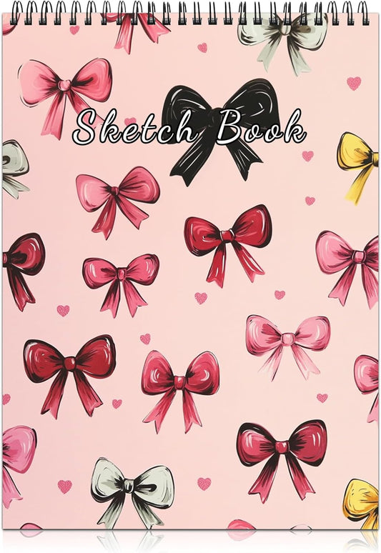 Cabreche Cute Sketchbook Top Spiral Bound Sketch Pad, 9 x 12 inch,100GSM Thick Paper,50 Sheets 100 Pages,Art Sketch Book Artistic Writing Drawing Paper for Girls Women Beginners-Pink Bowknot