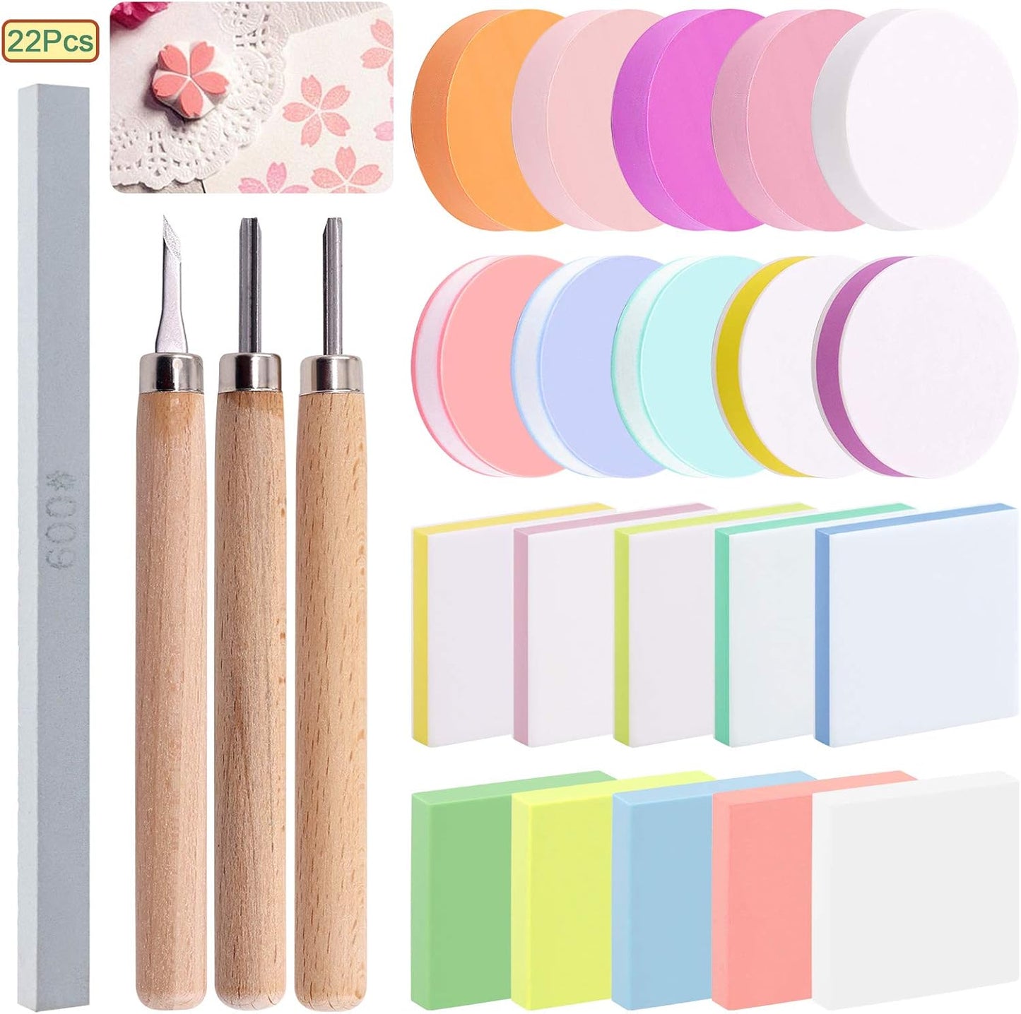 Keadic 24 Pieces Block Printing Starter Tool Kit, Rubber Stamps Making Set with Round & Square Rubber Carving Blocks, Linoleum Cutter Tools & Grindstone for Stamp Carving and Printmaking