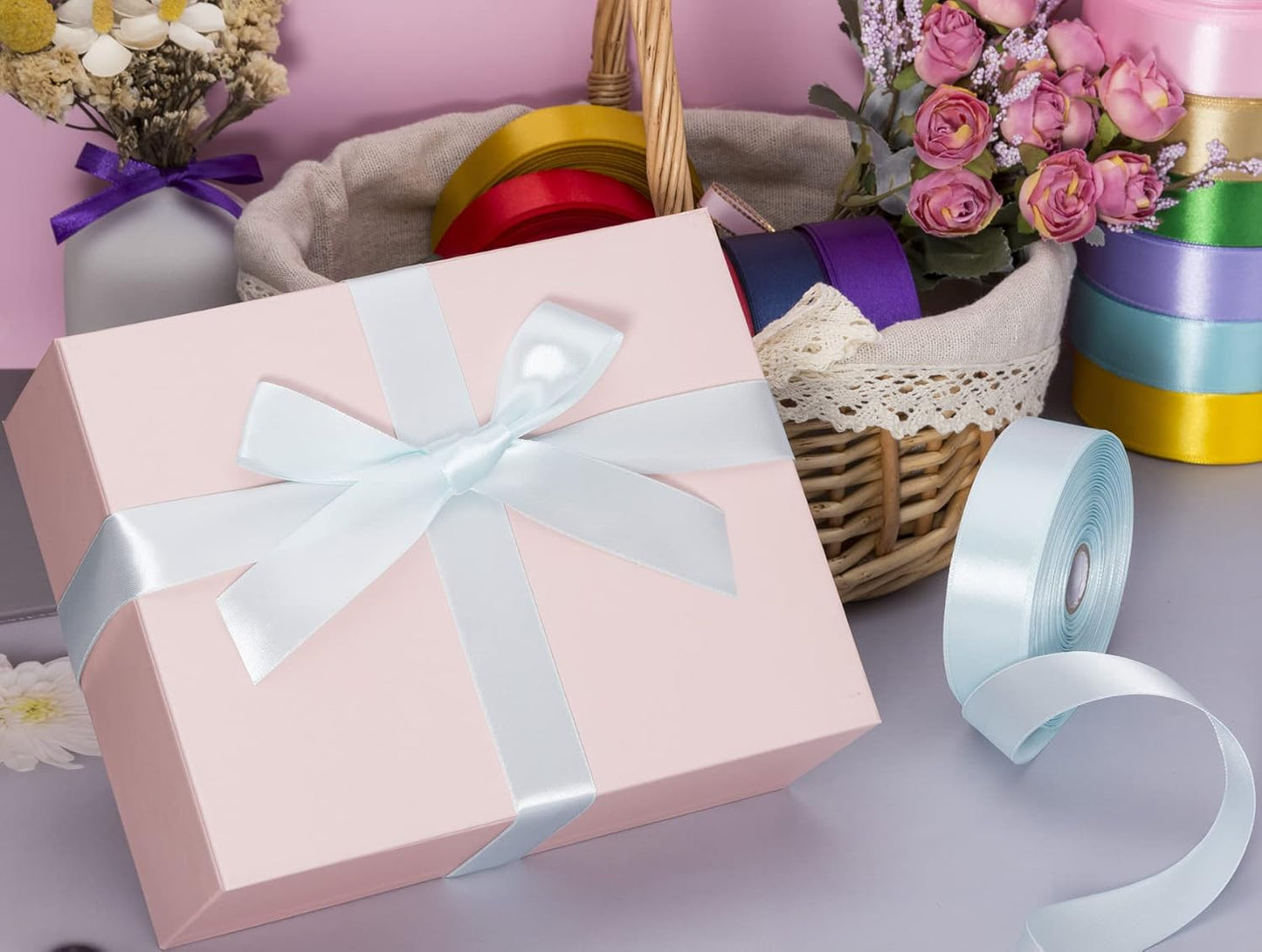 1 Inch Light Blue Solid Satin Ribbon, 50 Yards Craft Fabric Ribbon for Gift Wrapping Floral Bouquets Wedding Party Decoration