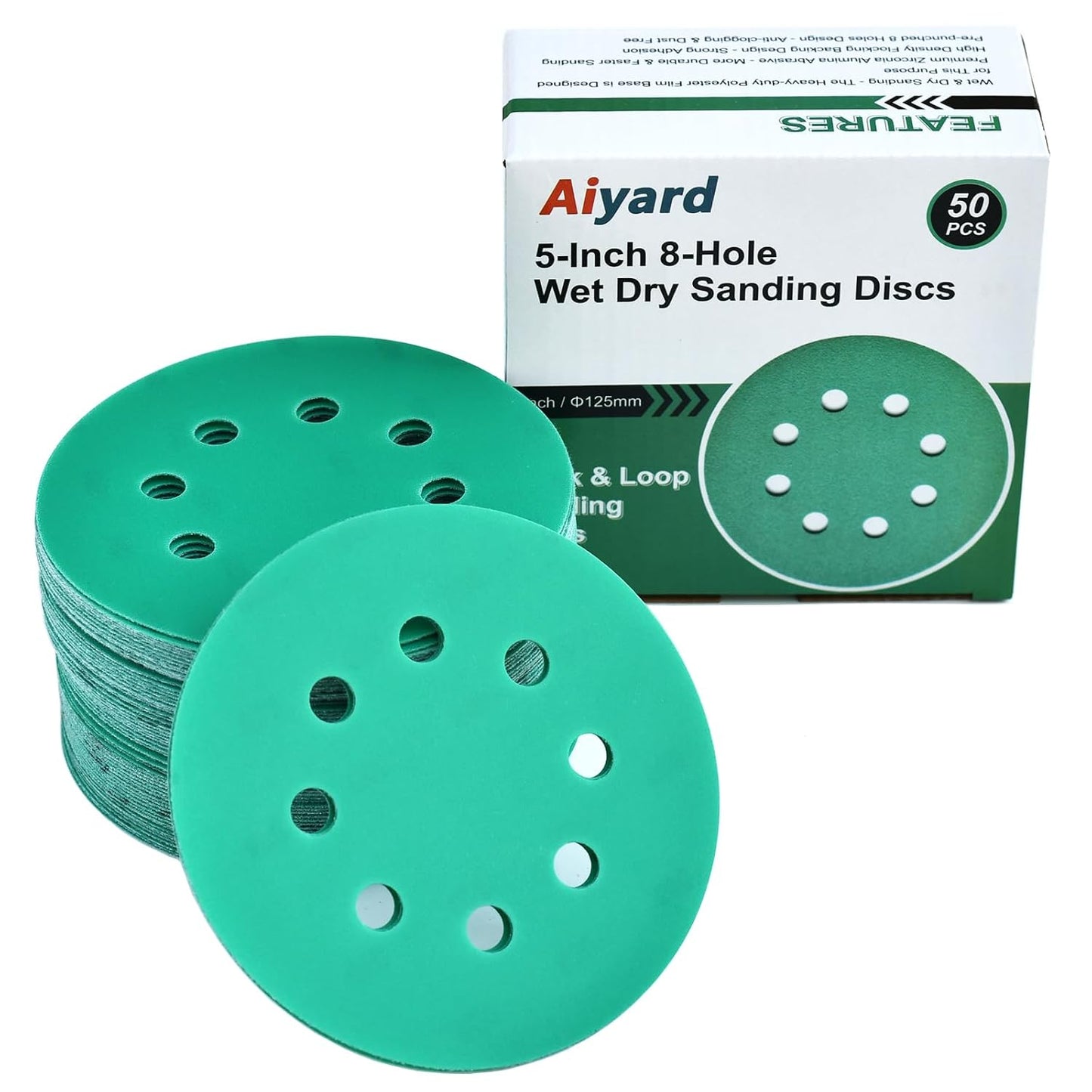 5-Inch 8-Hole Wet Dry Sanding Discs 600 Grit, Polyester Film Backed Heavy-Duty Hook and Loop Sandpaper for Random Orbital Sander, 50-Pack