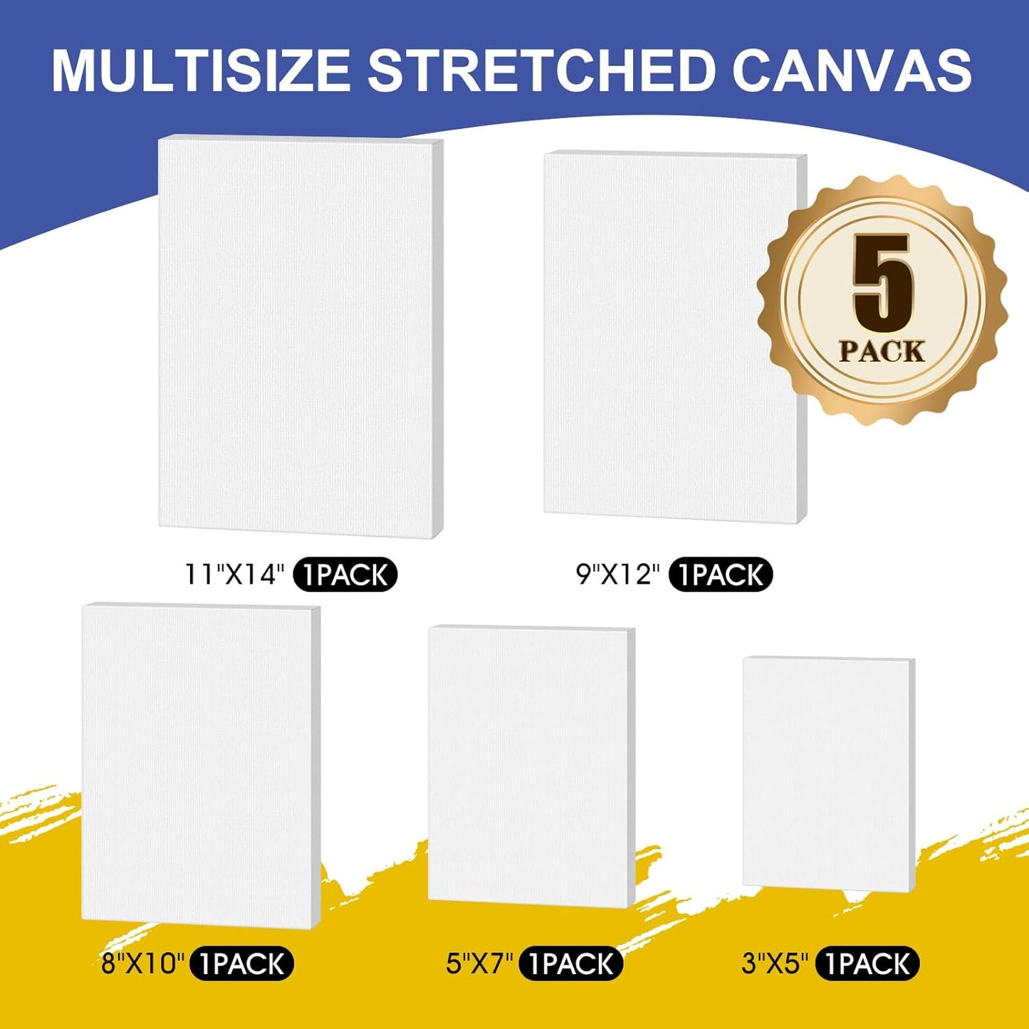 FUMILE Stretched Canvas, Canvases for Painting Multi 5 Pack 3x5,5x7,8x10,9x12,11x14(1 of Each), Cotton Primed Acid Free Blank Canvases for Painting for Oil Paint, Acrylic Paint, Gouache and Tempera.