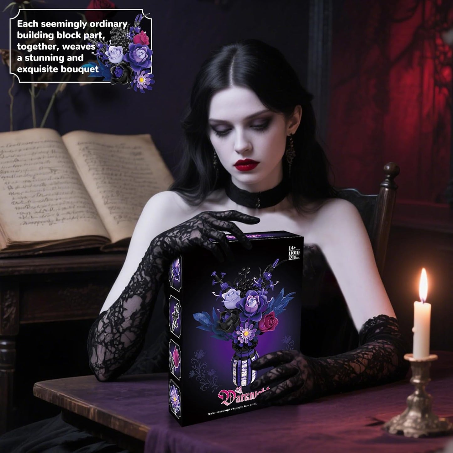 Flowers Bouquet Building Set Roses Purple Compatible with Lego Botanical Collection Gothic for Women Adults Girls 14+ Home Office Decor