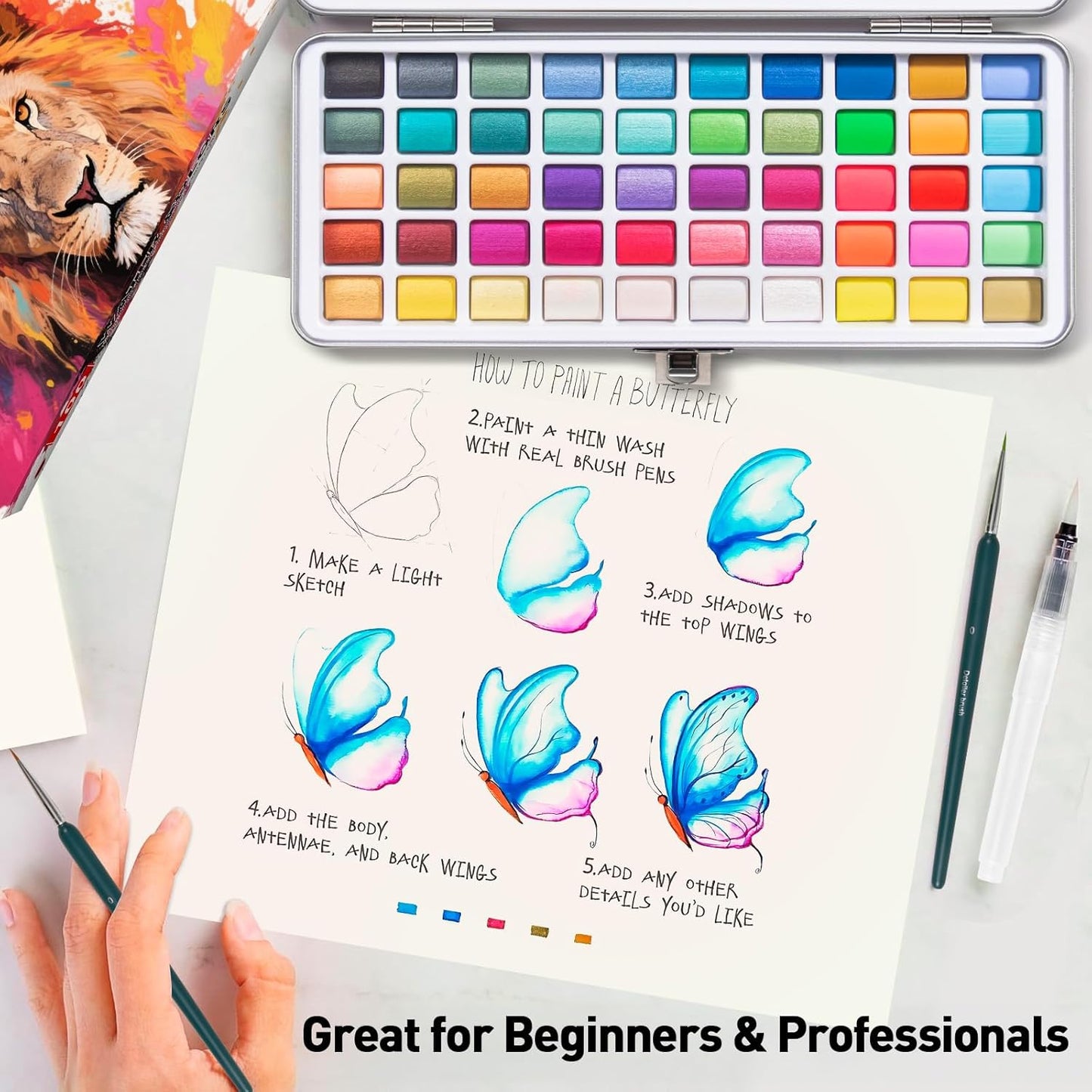 Watercolor Paint Set 100 Colors botkc Travel Water Colors kit with 7 Brushes 8 Watercolor papers Palette set Including Metallic and Accessories Art Supplies Gifts for Kids Artists Teens Adults and Hobbyists