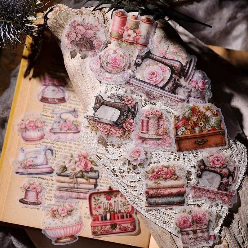 Vintage Vellum Stickers Floral Plants Elements Scrapbooking Supplies Flowers Botanic Natural Translucent Paper Self-Adhesive Junk-Journal Items (Sewing Rose)