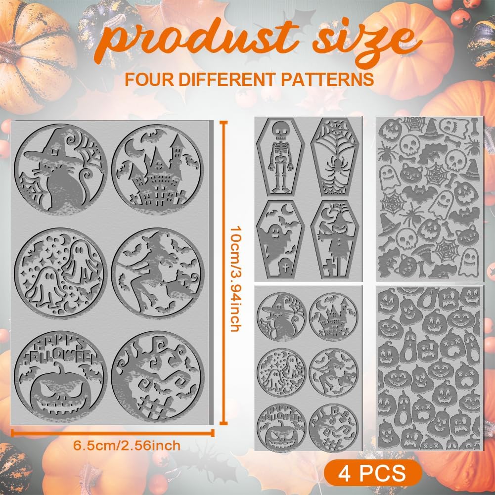 4PCS Halloween Polymer Clay Texture Sheets Set for Using with Clay Cutters, Pumpkins Clay Texture Mats, Jewelry Making DIY Halloween Craft Tools