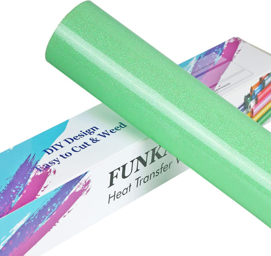 FUNKAKA Glitter Fluorescent Light Green HTV Heat Transfer Vinyl Rolls, 12" x 8ft PU Iron on Vinyl for T-Shirts Glitter HTV Vinyl for All Cutter Machines Easy to Cut & Weed for DIY Design