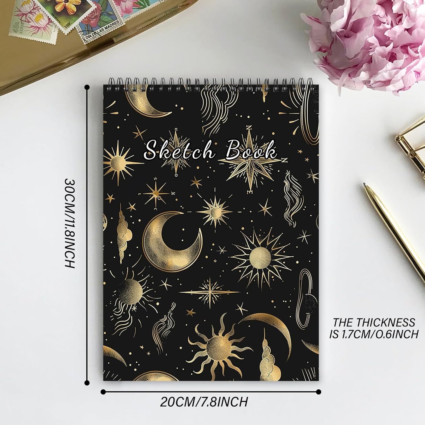 Deokke Sketchbook Top Spiral Bound Sketch Pad, 9 x 12 inch,100GSM Thick Paper,50 Sheets 100 Pages,Art Sketch Book Aesthetic Cute Drawing Writing Paper for Girls Women-Sun Moon
