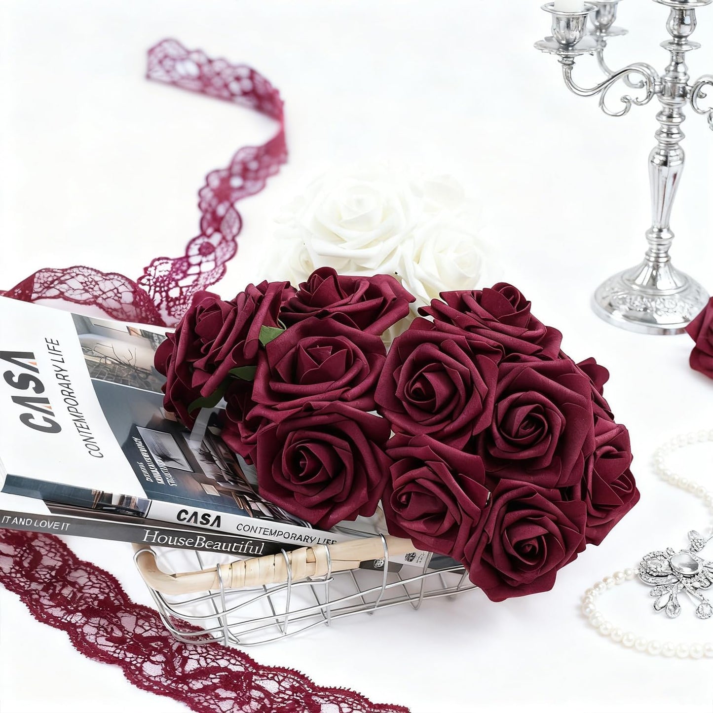 Artificial Flowers Foam Fake Roses 25pcs Dark Red Roses with Stems for Home Decor DIY Wedding Bouquets Party Bridal Shower Centerpieces Faux Flower Arrangements Tables Decorations