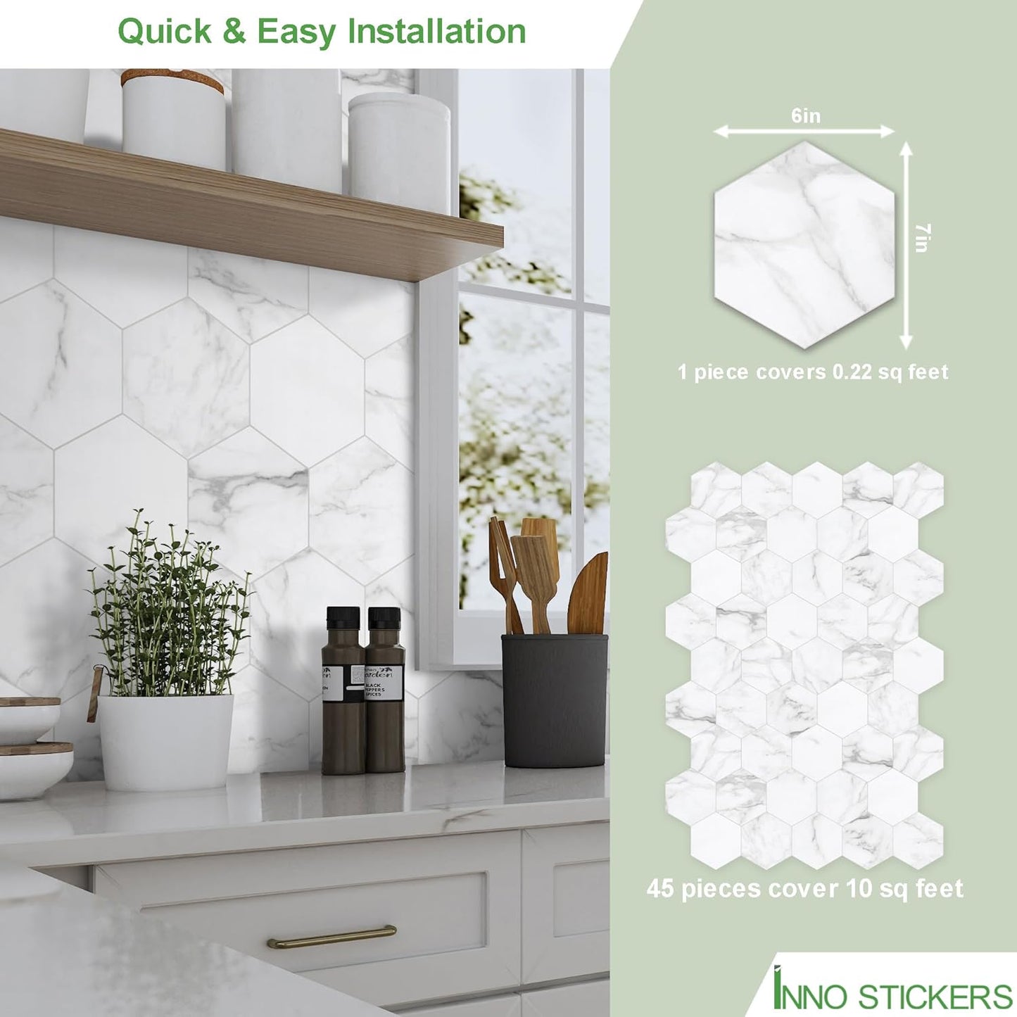 45-Sheet Hexagon Peel and Stick Backsplash, 6" x 7" White Calacatta Marble Looks Self Adhesive Wall Tile, Stone Composite Stick on Decorative Mosaic Tile for Kitchen Bathroom Fireplace