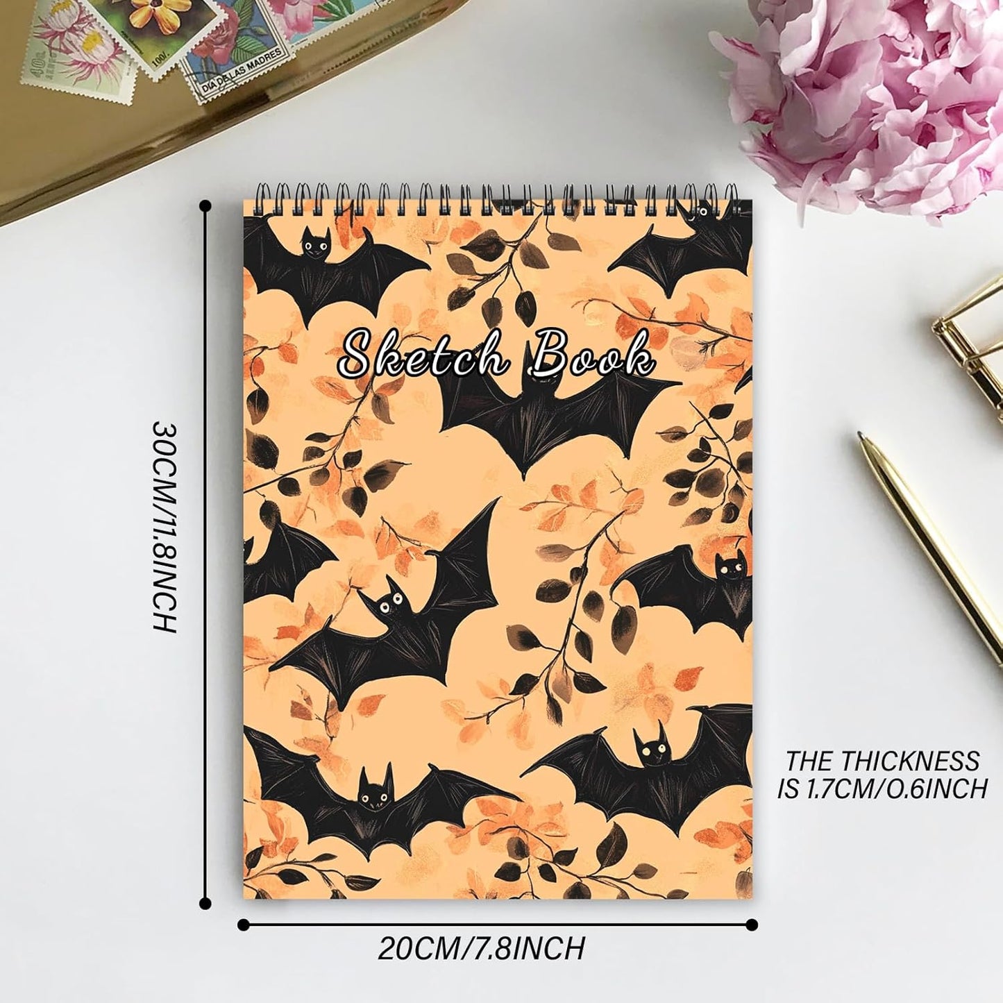 Cabreche Cute Sketchbook Top Spiral Bound Sketch Pad, 9 x 12 inch,100GSM Thick Paper,50 Sheets 100 Pages,Art Sketch Book Artistic Writing Drawing Paper for Girls Women Beginners-Orange Bat