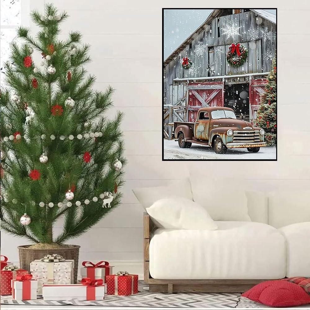 Christmas Stamped Cross Stitch Kits - Red Truck Counted Cross Stitch Kits for Beginners Adults Needlepoint Cross-Stitch Patterns Dimensions Needlecrafts Embroidery Kits Arts and Crafts