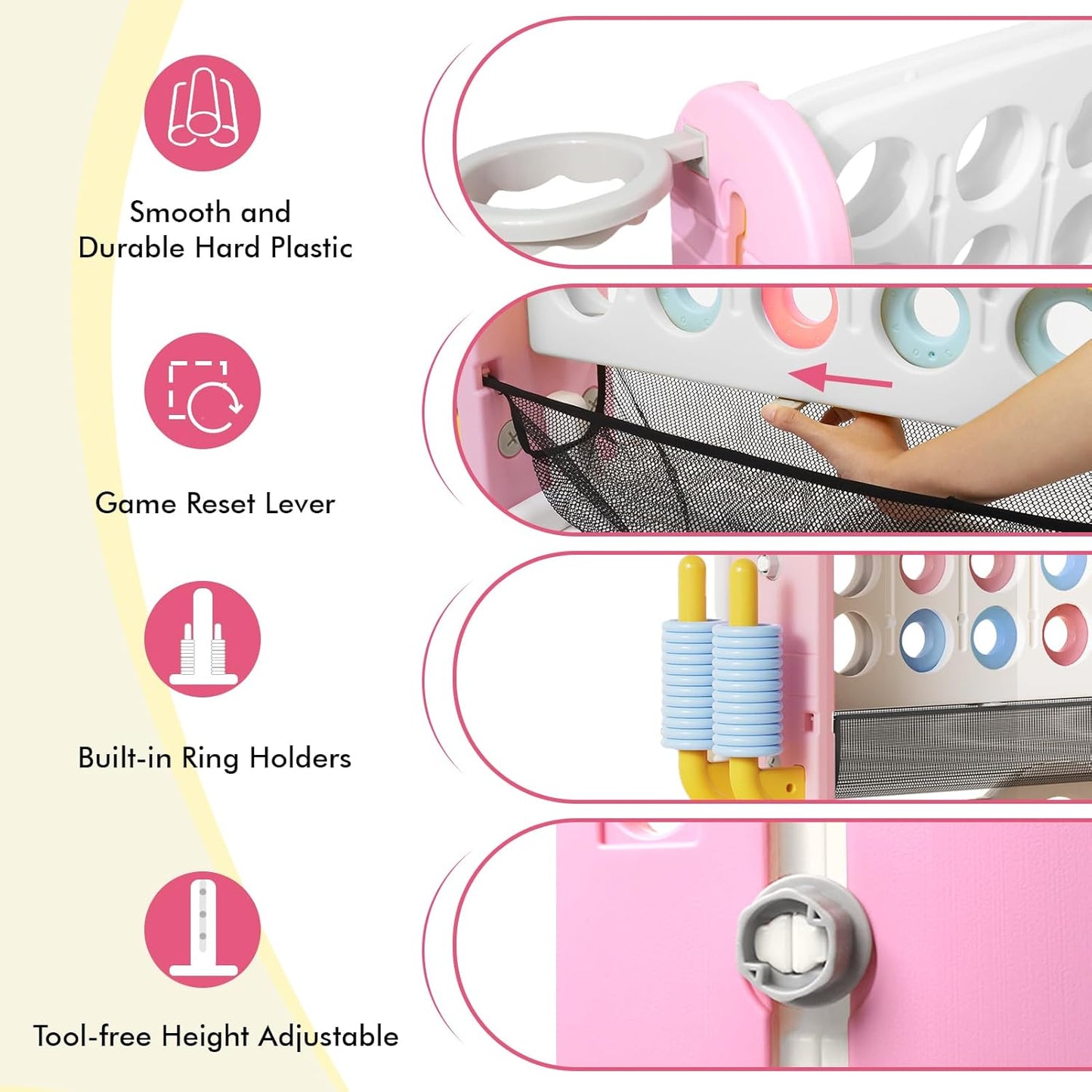 Giant 4 in a Row Connect Game with Mesh Fabric | Height Adjustable 4-in-1 Jumbo 4-to-Score Yard Game Set with Basketball, Golf & Ring Toss | Outdoor Indoor Family Party Game for Kids & Adults, Pink