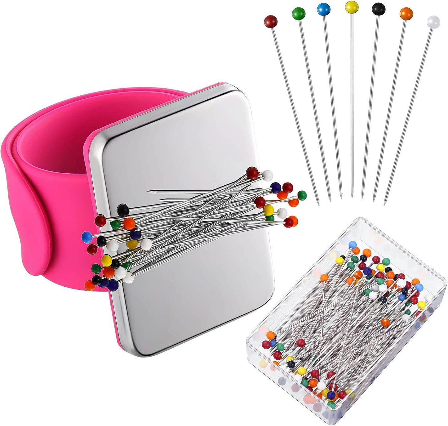 Magnetic Wrist Sewing Pincushion with 100 Pieces 1.5 Inch Ball Head Sewing Pins Set Wrist Magnetic Pin Holder Gift Supplies(Rose Red)