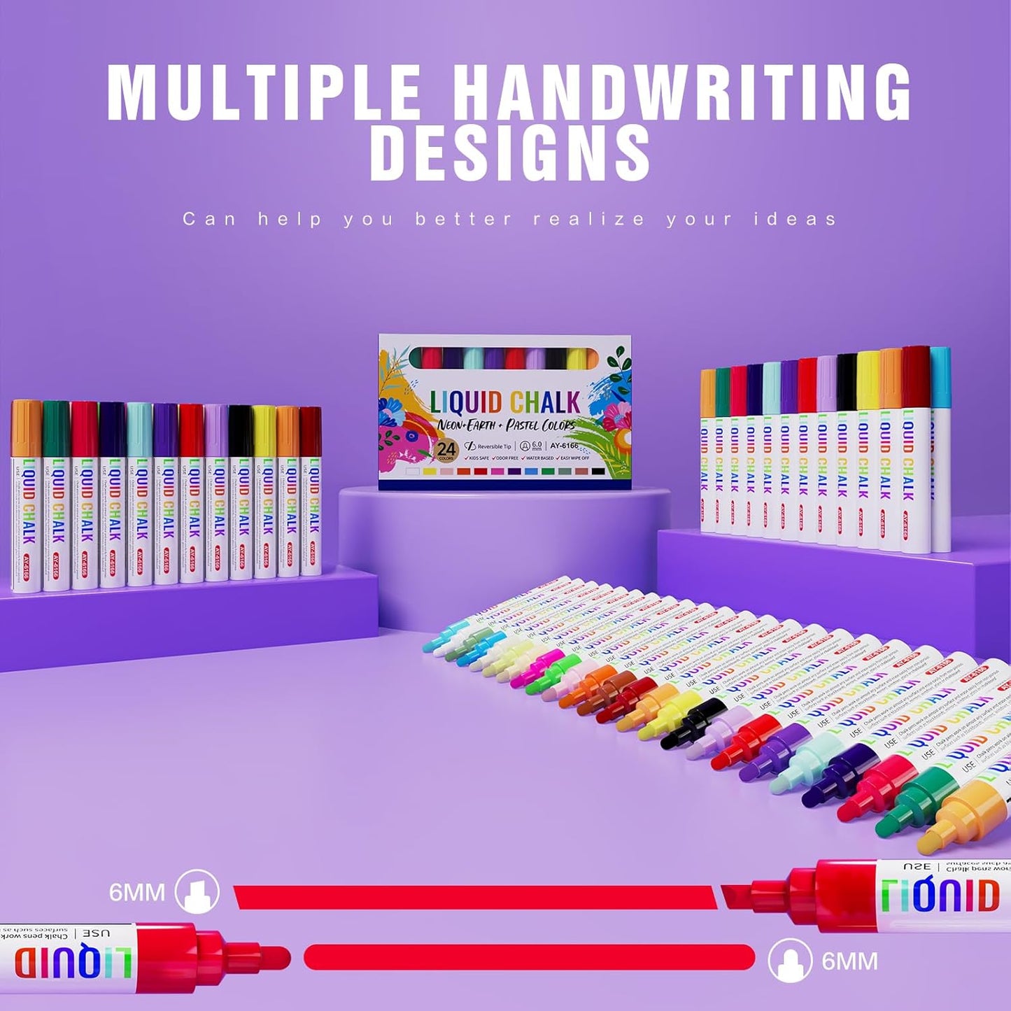 Chalk Markers for Blackboard 24 Colors Wet-Dry Erasable Liquid Chalk Marker, Dust Free Chalk Pen with 6mm Reversible Bullet & Chisel Tip for Car, Window, Glas, Whiteboard, Chalkboard, Mirror, Calendar