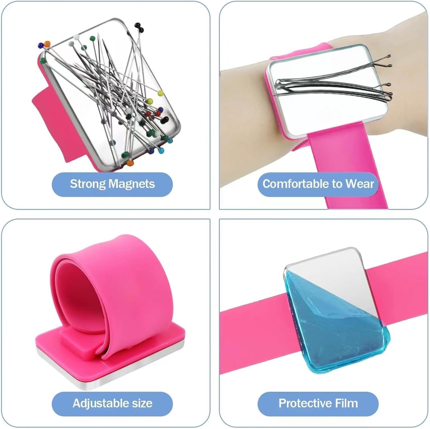 Hilltian 2 Pieces Magnetic Pin Cushion, Magnetic Pin Holder with Pin Cushion Wristband for Sewing, Pink