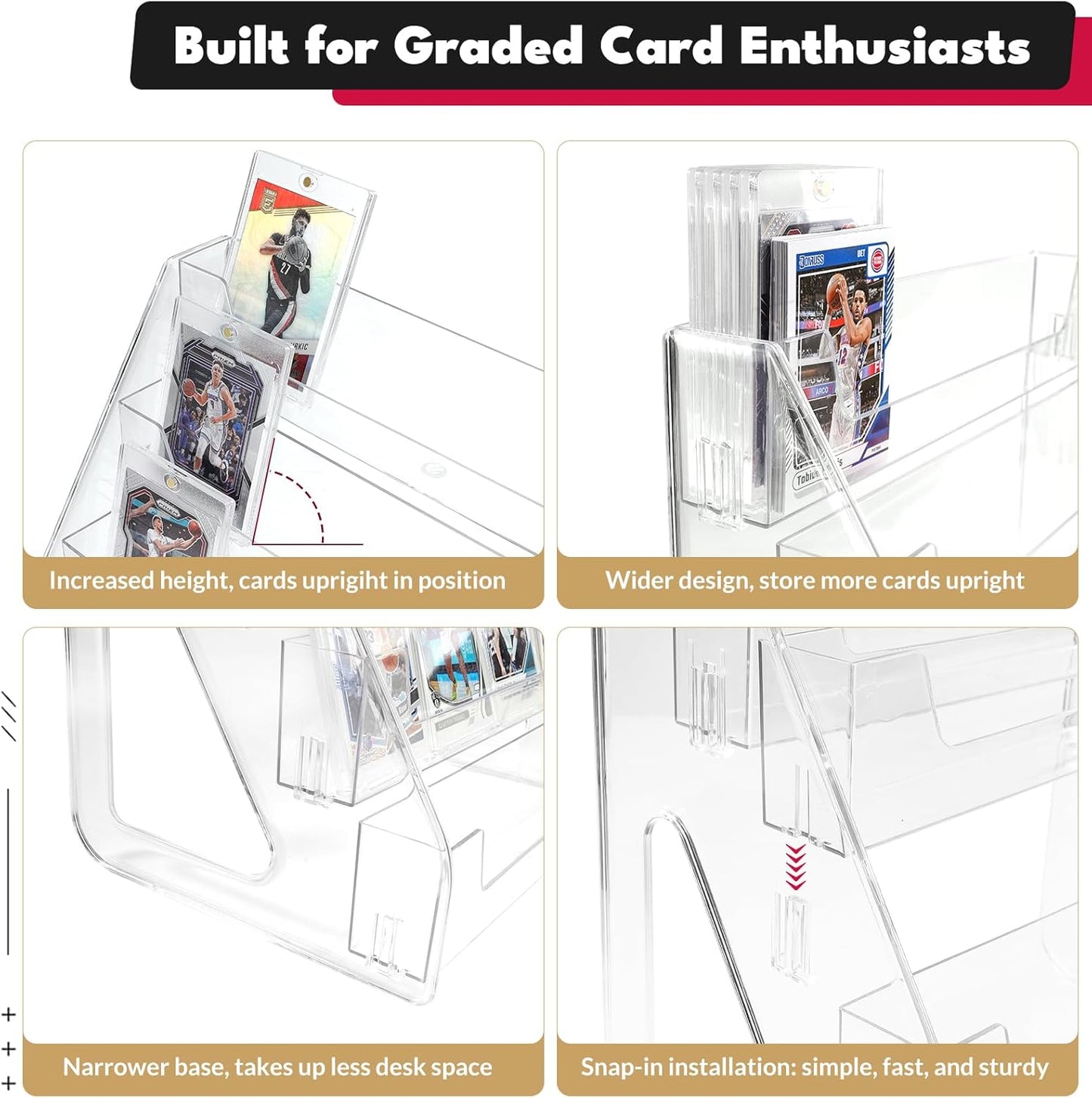 Trading Card Display Stand, Vertical Holder for Baseball Basketball Sports Graded Card Display Stand Tabletop for PSA BGS SGC Slabs, Snap-On Assembly(5 Tier, 1 Pack)