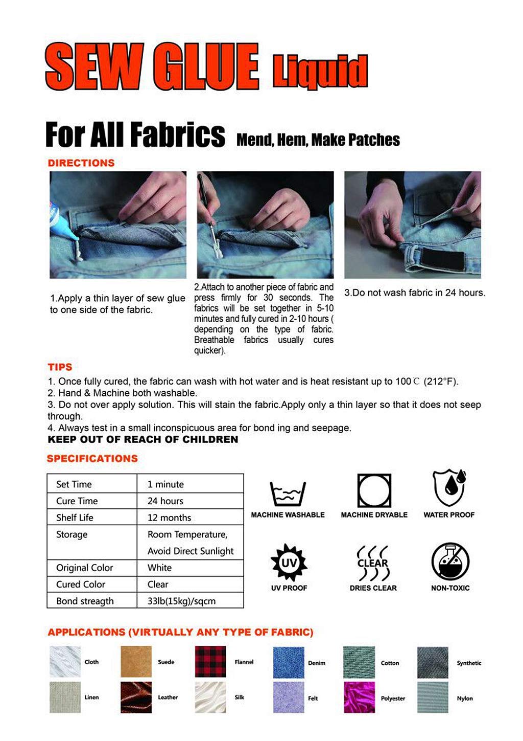 1 Min Quick Bonding Fast Dry Sew Glue Liquid Natural Latex Art Glue Reinforcing Adhesive Speedy Fix for All Fabrics Clothing Cotton Flannel Denim Leather Polyester Doll Repair (60ml+120ml)