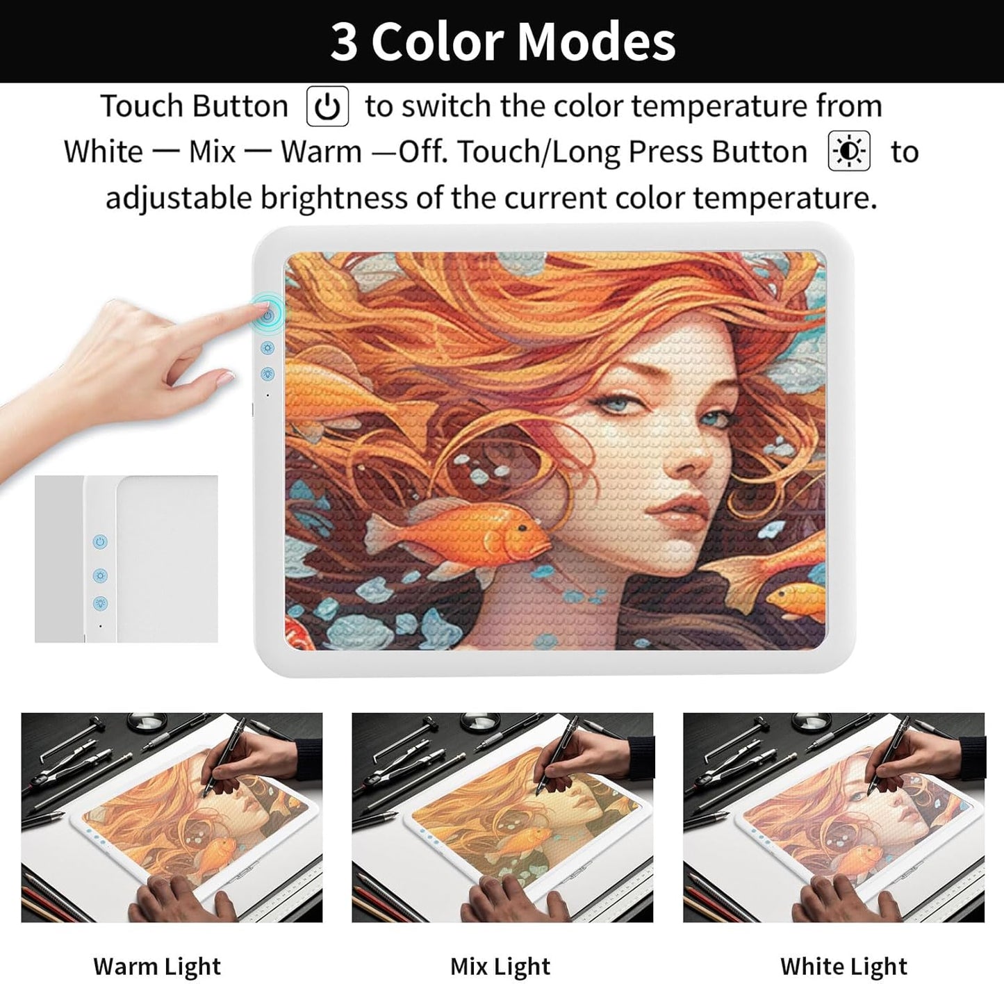 Rechargeable A4 Diamond Art Light Board,Super Bright Tracing Light Box,6 Levels Brightness with 3 Colors Mode and Stand, Wireless Tracing Pad for Diamond Painting,Weeding Vinyl,Sketching & Drawing
