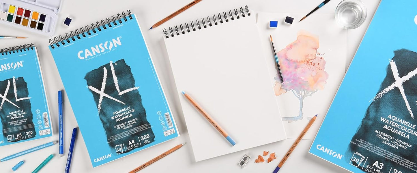 CANSON XL Watercolour 300gsm A5 Paper, Cold Pressed, Spiral Pad Short Side, 30 White Sheets, Ideal for Professional Artists