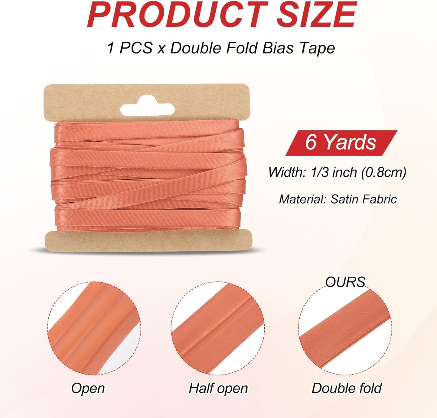 MECCANIXITY Double Fold Bias Tape for Sewing 1/3 Inch x 6 Yards Satin Pre-fold Continuous Binding Tape for Seaming Quilting Hemming Binding DIY Crafts, Light Red