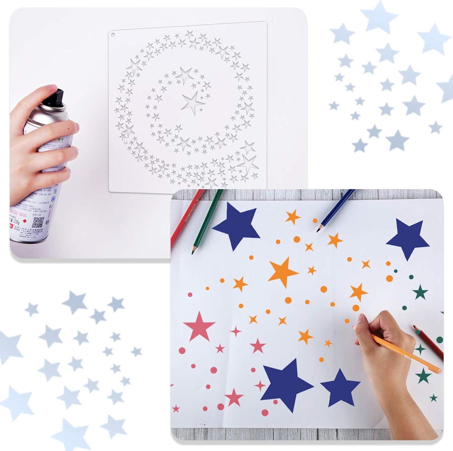 6-Piece Star Stencil Kit - Reusable Twinkle Star Templates in Assorted Sizes with Metal Open Ring for Painting on Tile, Wall, Paper, Fabric