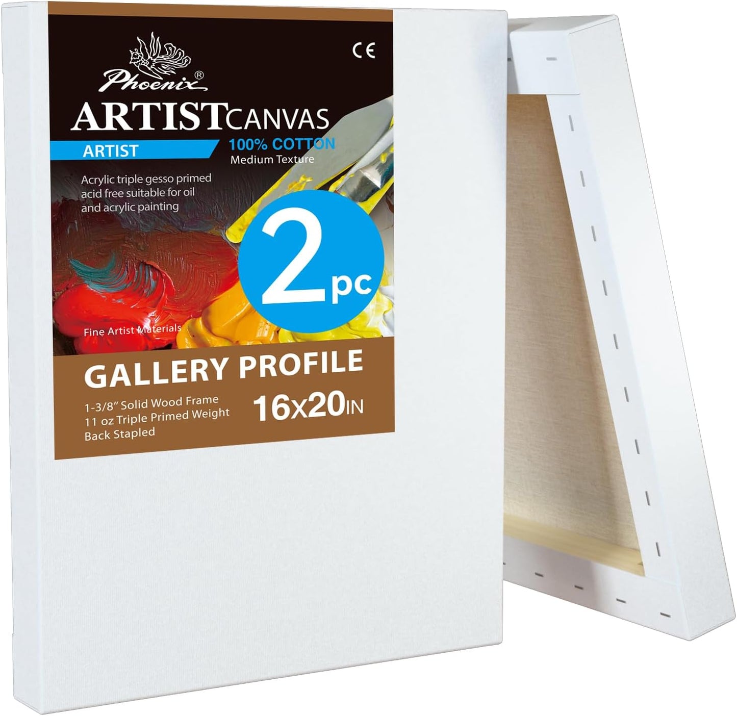PHOENIX 16x20 Inch 2 Pack Gallery Canvas - 1.5 in Thick Large Canvases for Painting - Deep Edge 100% Cotton 11 Oz. Gesso Primed White Blank Professional Canvas Oil & Acrylic Paints