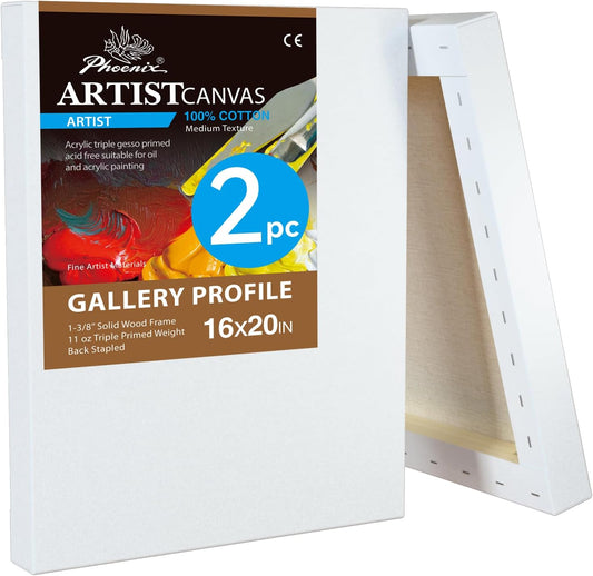 PHOENIX 16x20 Inch 2 Pack Gallery Canvas - 1.5 in Thick Large Canvases for Painting - Deep Edge 100% Cotton 11 Oz. Gesso Primed White Blank Professional Canvas Oil & Acrylic Paints