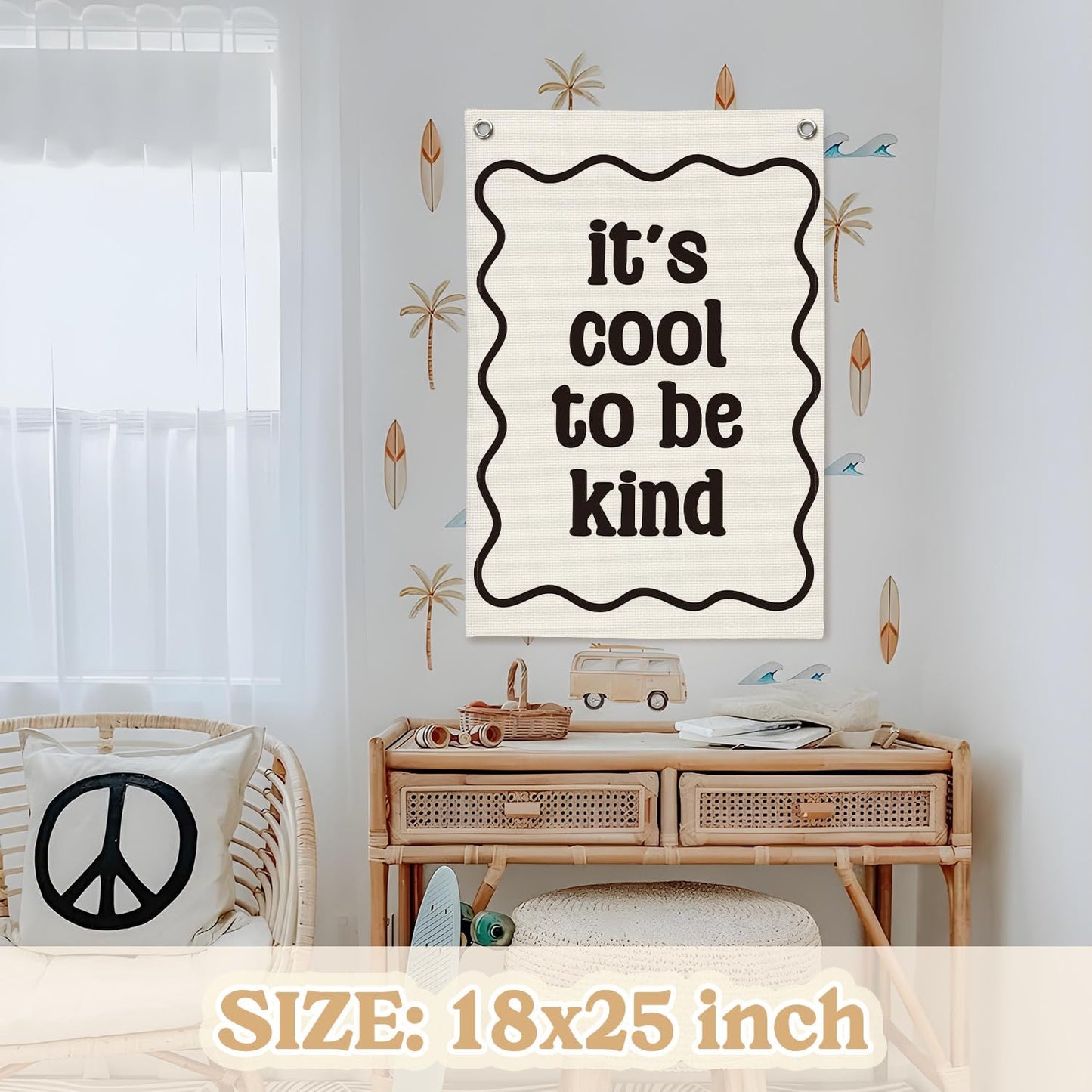 Affirmation Wall Decor It's Cool to be Kind Linen Canvas Banner,Nursery Decor Wall Hanging Flag for Bedroom Playroom Classroom Kids Rroom 18x25 Inch