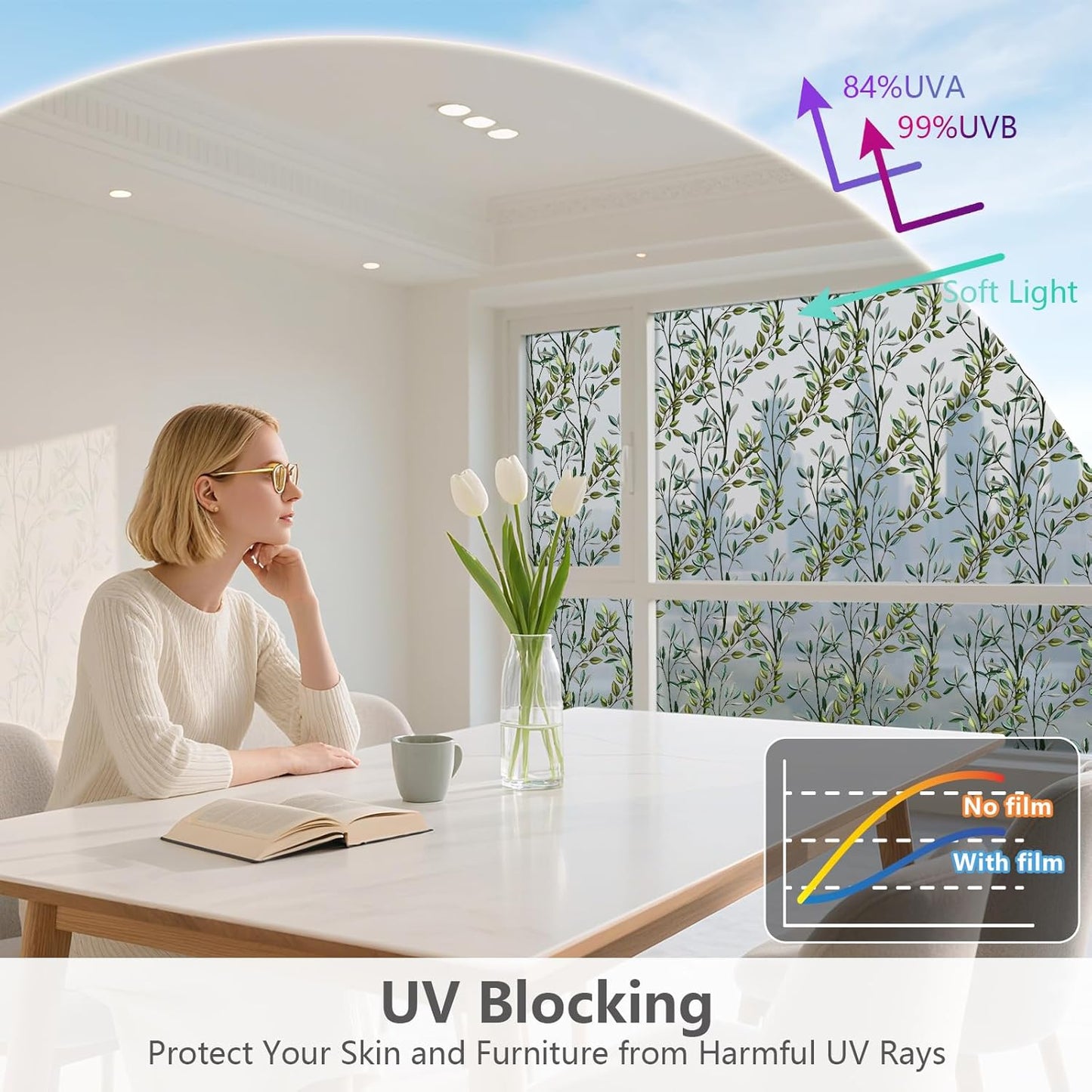 NINETREX One Way Window Privacy Film, Daytime Privacy Static Cling Sun Blocking Anti UV Reflective Window Tint for Home and Office 17.5 x 157.4 inches, Silver Leaf