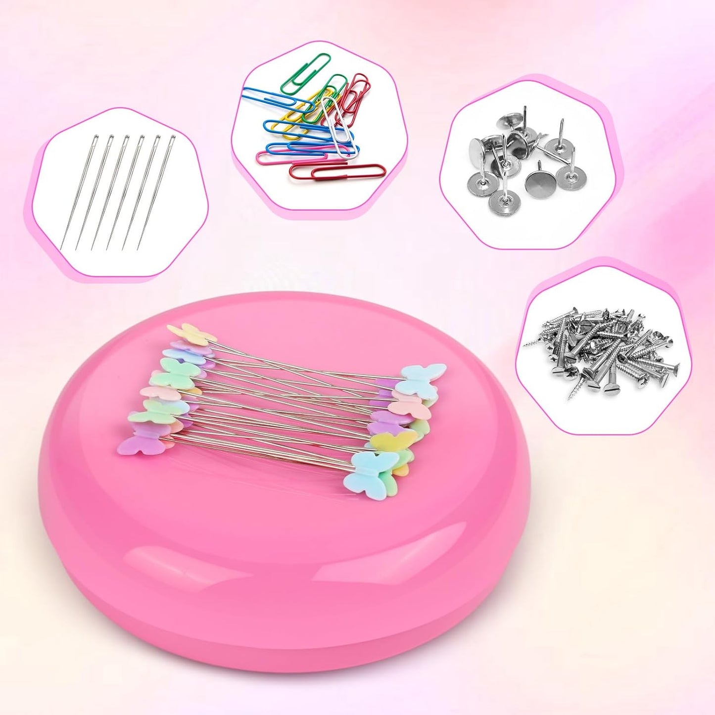 Oukitoymer Magnetic Pin Cushion with 100pcs Butterfly Head Straight Pins, Bobby Pin Holder for Sewing, Magnet Needle Cushion, Paper Clip Collector, Secure Pin Storager, Sewing & Quilting Accessories
