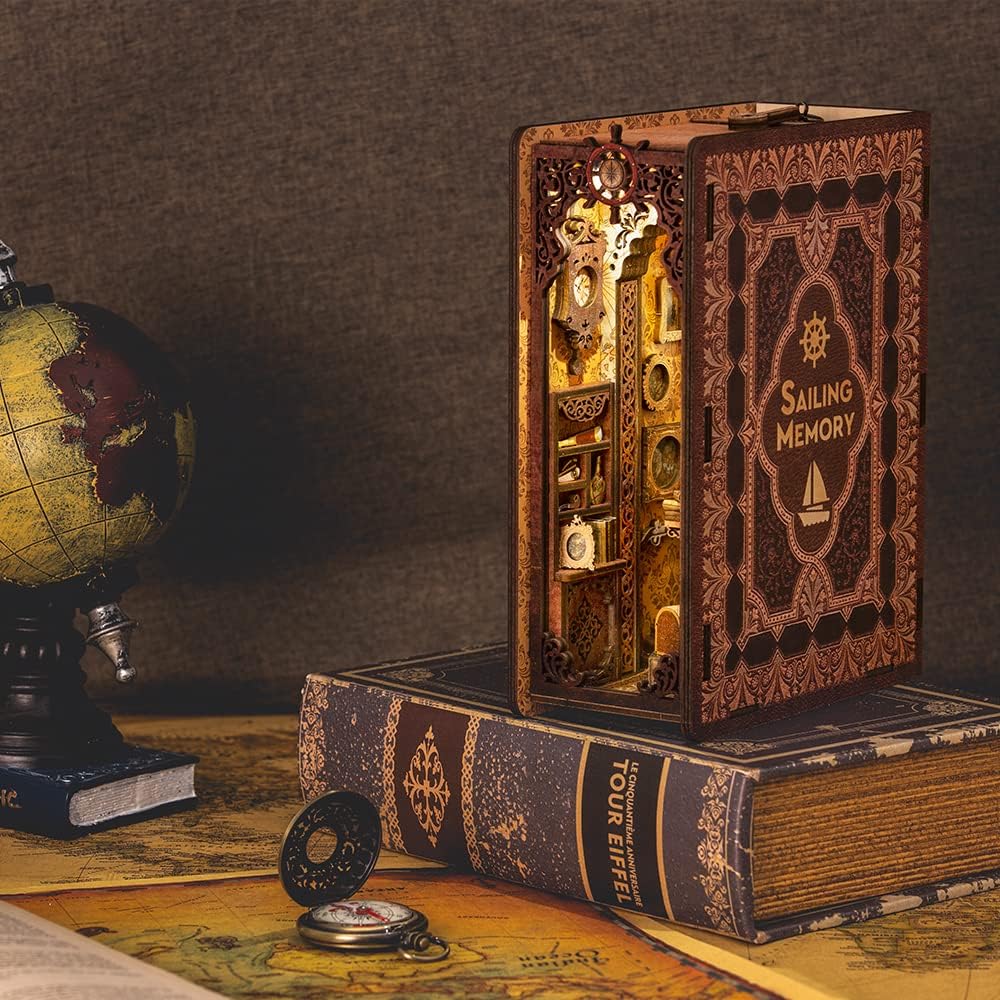 Cutefun Book Nook Kit - Decorative Bookend Alley Build Model with LED Light, DIY Miniature Dollhouse Kit 3D Wooden Puzzle for Adults, Teens, Crafts Gifts for Bookshelf Decor (Sailing Memory)