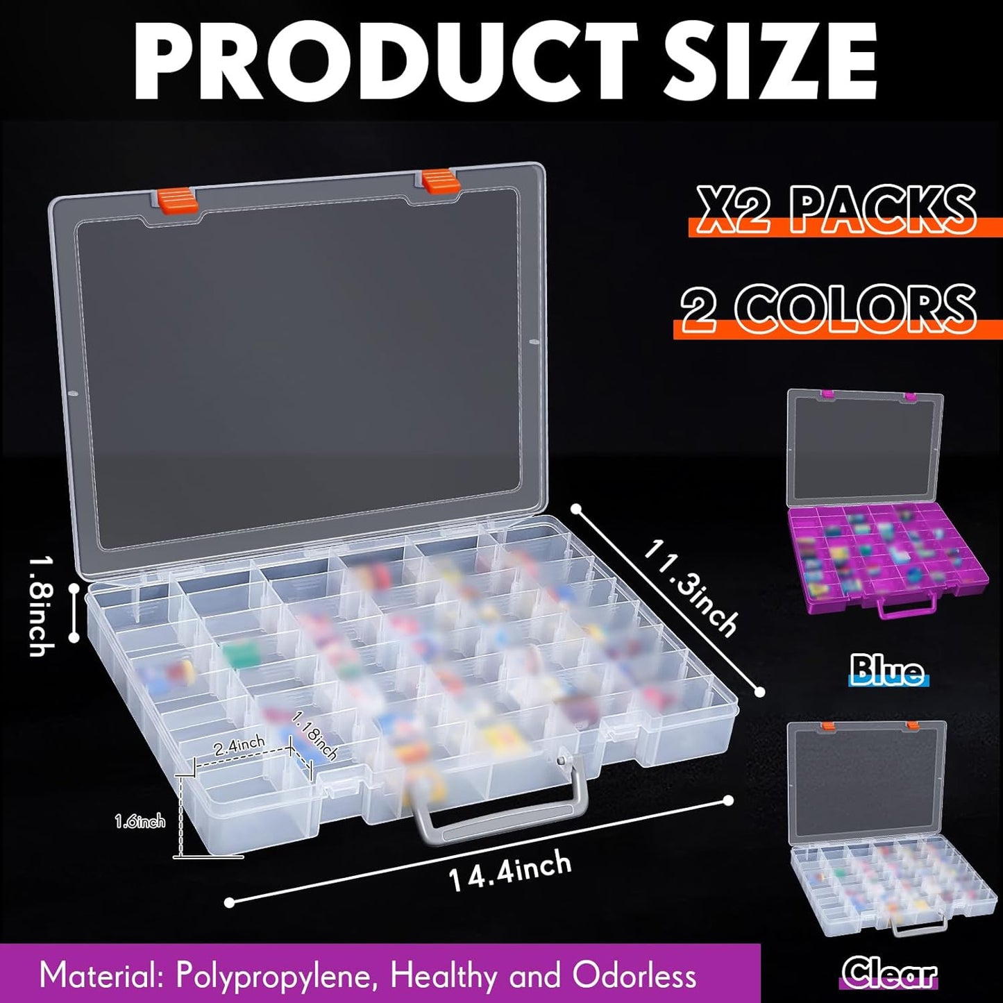 Juexica 2 Pcs Large 48 Grids Plastic Storage Bead Organizer Box, Tackle Box, Compartment Organizer Container with Adjustable Dividers for Jewelry Art Crafts Toys Screw Small Parts(Clear, Purple)