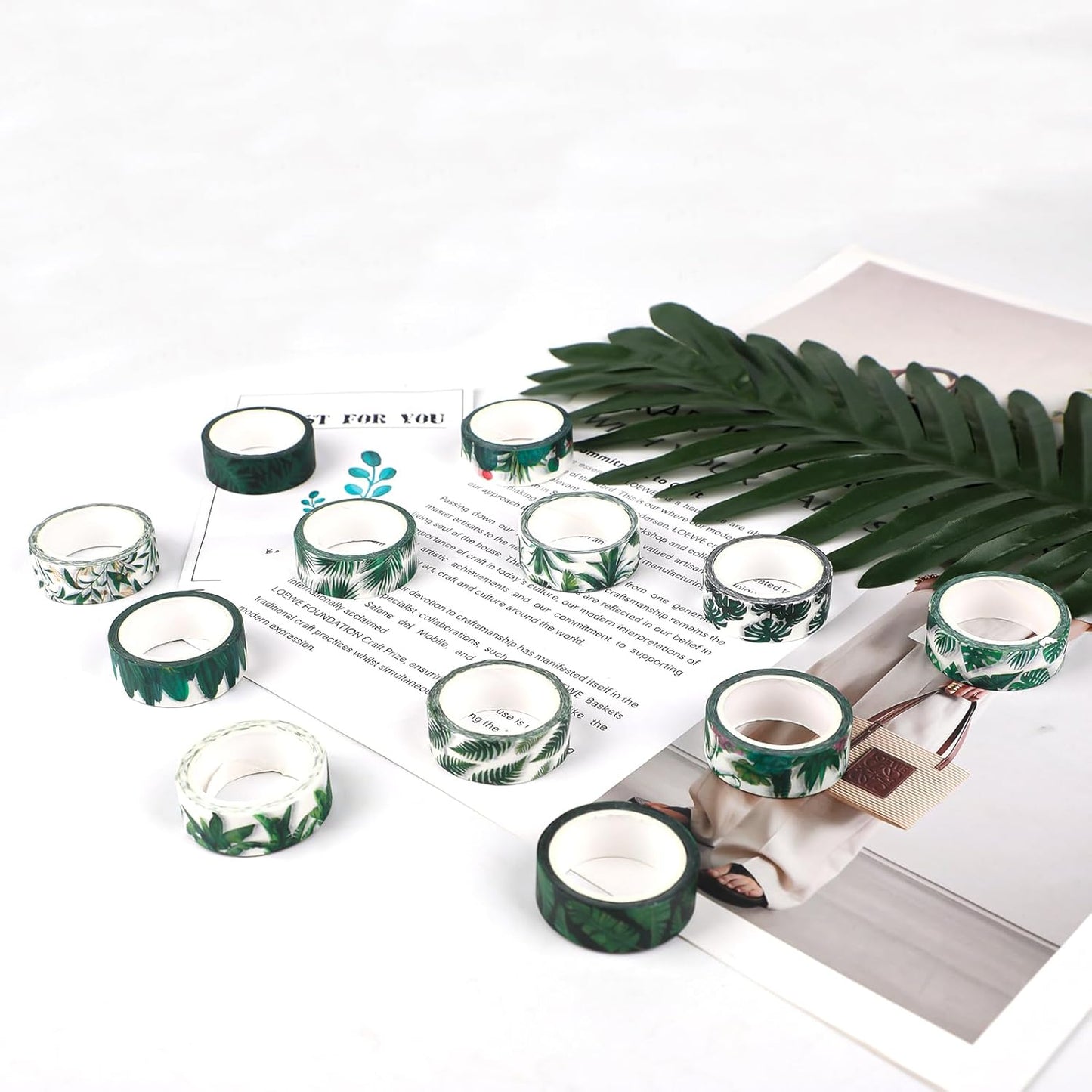 12 Rolls Greenery Washi Tape Set, Summer Tropical Leaves Masking Tape, Green Plants Cactus Succulents Decorative Tape Sticker for Scrapbook Journal DIY Craft Gift Wrapping 16.4FT