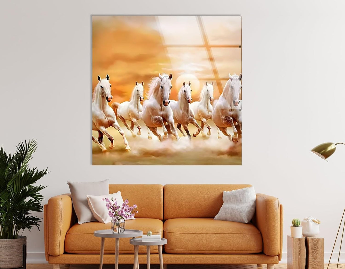 My Photostation.com 60WX40H'' White Horses Running on Sunset Glass Wall ArtTempered Glass Printing Wall Decor Large Wall Art Wall Hangings