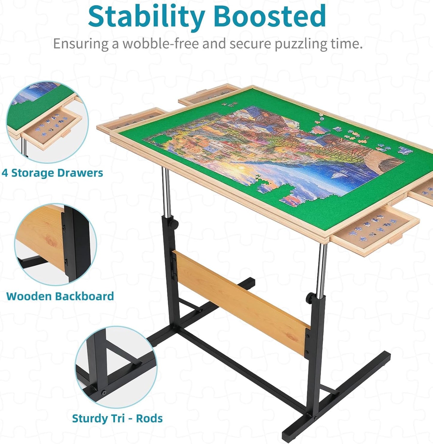 2000pcs Puzzle Table with Legs,40.16"x28.5"Wooden Jigsaw Puzzle Board with 4 Drawers & Cover,Height Adjustment & Weight optimization
