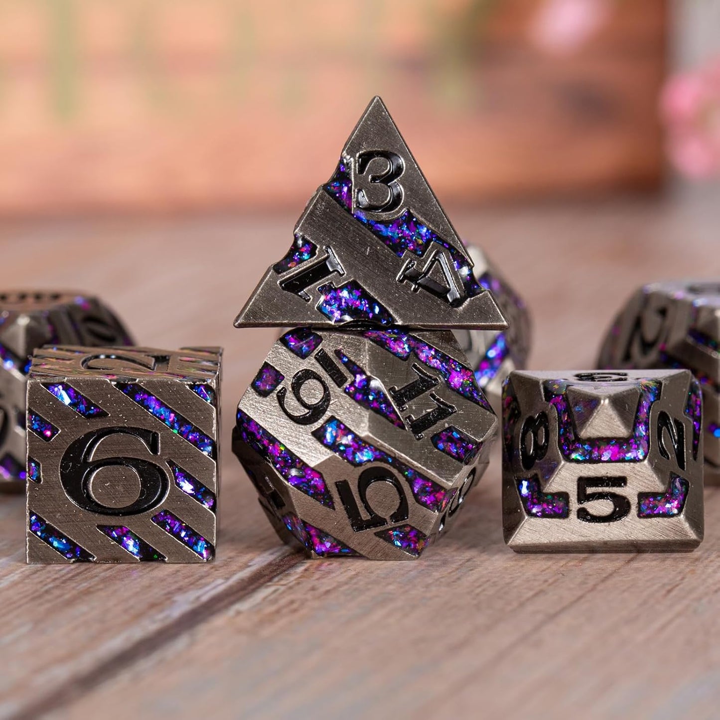 DND Metal Stripe Dice Set,7 PCS Polyhedral RPG Dice Set with Gift Case for Dungeons and Dragons (Antique Nickel Purple)