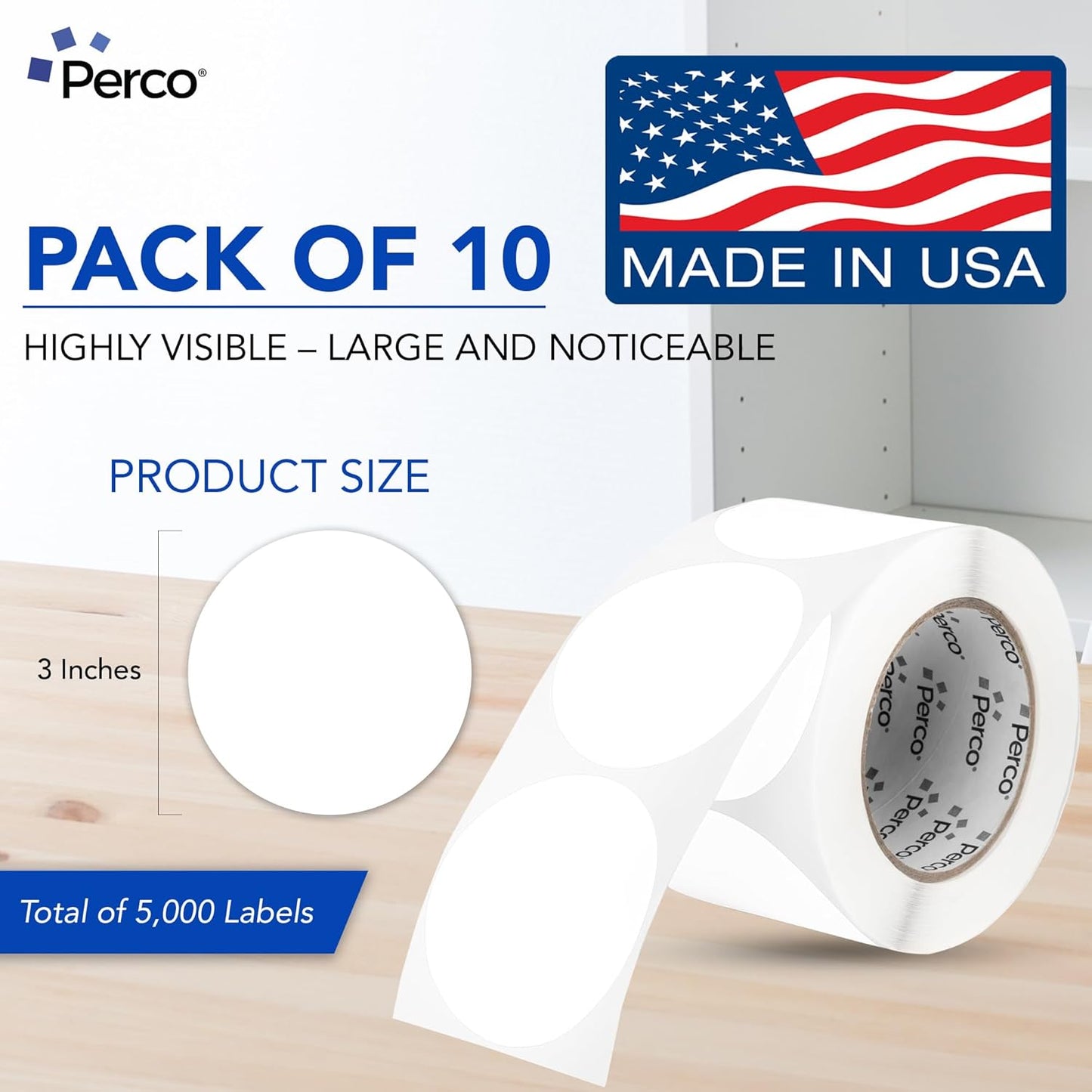 Perco White 3-Inch Perforated Circle Dot Sticker Labels — 10 Rolls, 5,000 Round Stickers — with Permanent Adhesive for Moving Boxes, Sale Signage, Displays, Status Messaging—Made in USA