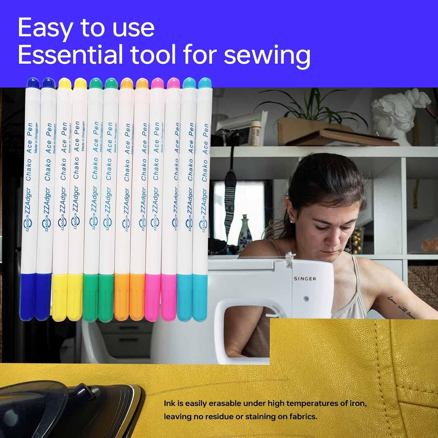 Dinggaogao 12 Pieces Water-Erasable Fabric Pen Set - 6 Colors for Sewing, Embroidery & DIY Tracing Tools